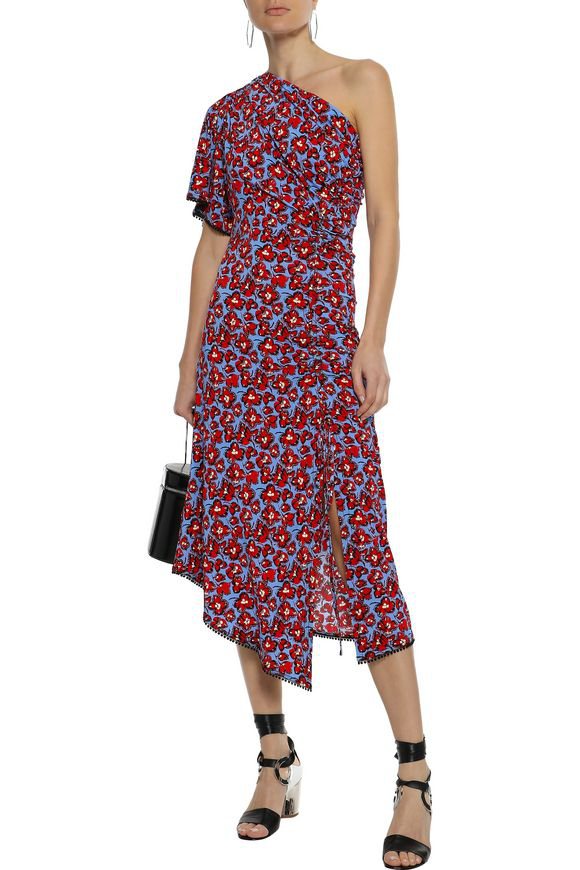 Preowned Derek Lam 10 Crosby One-shoulder floral stretch-jersey midi dress Size XS Animal Print viscose