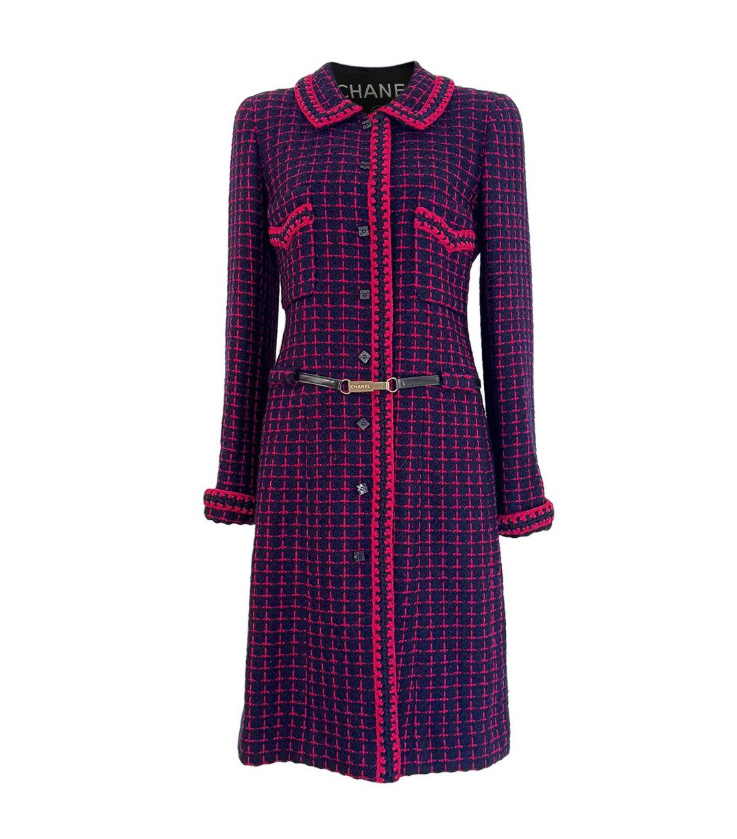 Chanel Navy and Red Checked Tweed Coat Size M navy, fuchsia