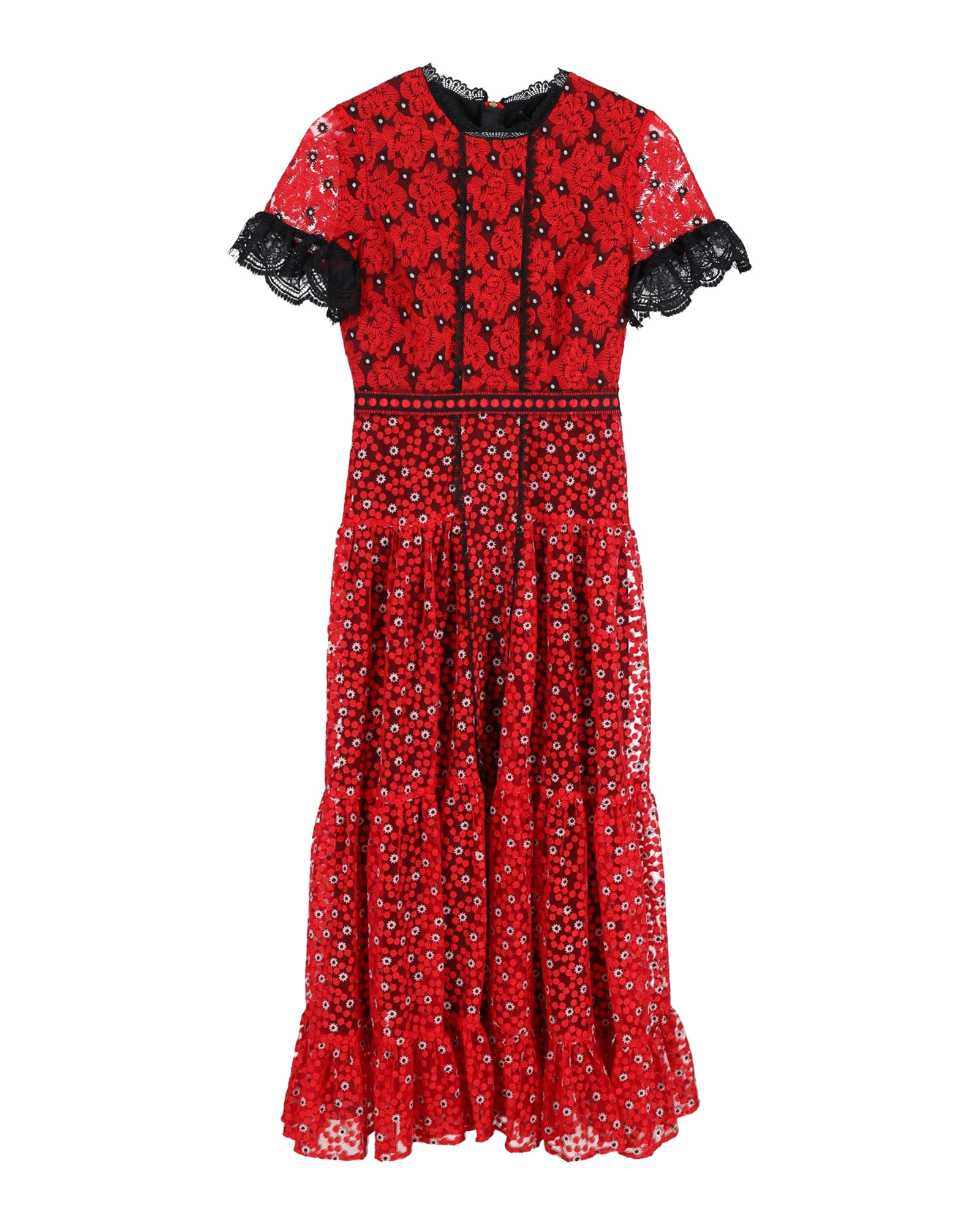 Saloni Red Andie Floral Lace-Trimmed Midi Dress Size XXS