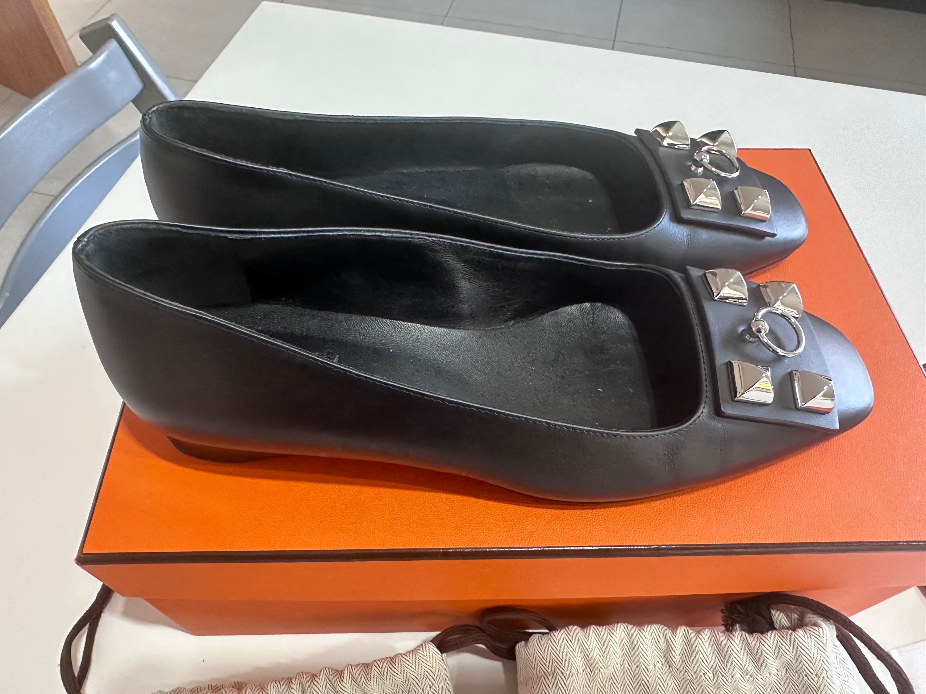 Preowned Hermes Black Danseuse Ballet Flats Size 37 leather