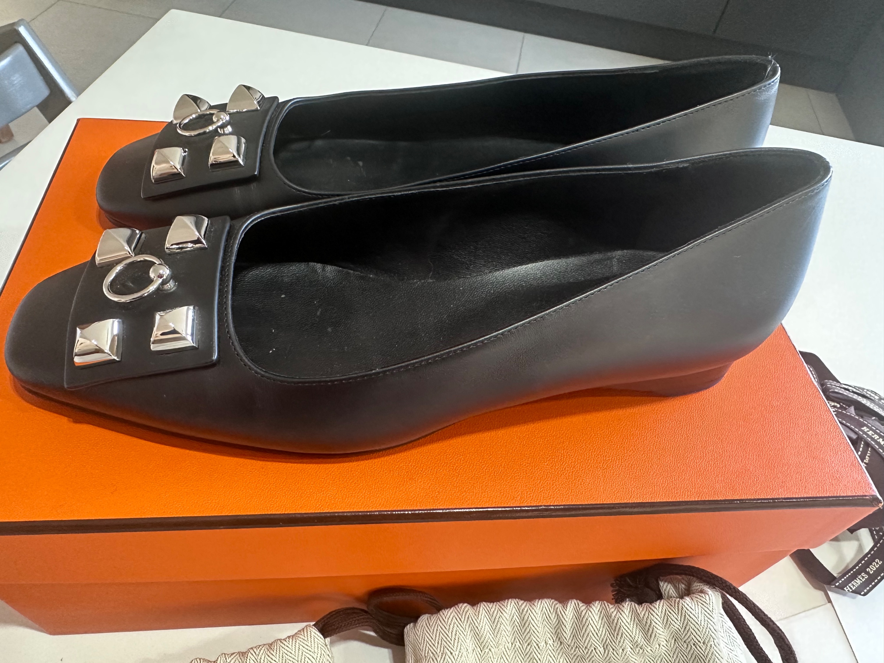 Preowned Hermes Black Danseuse Ballet Flats Size 37 leather