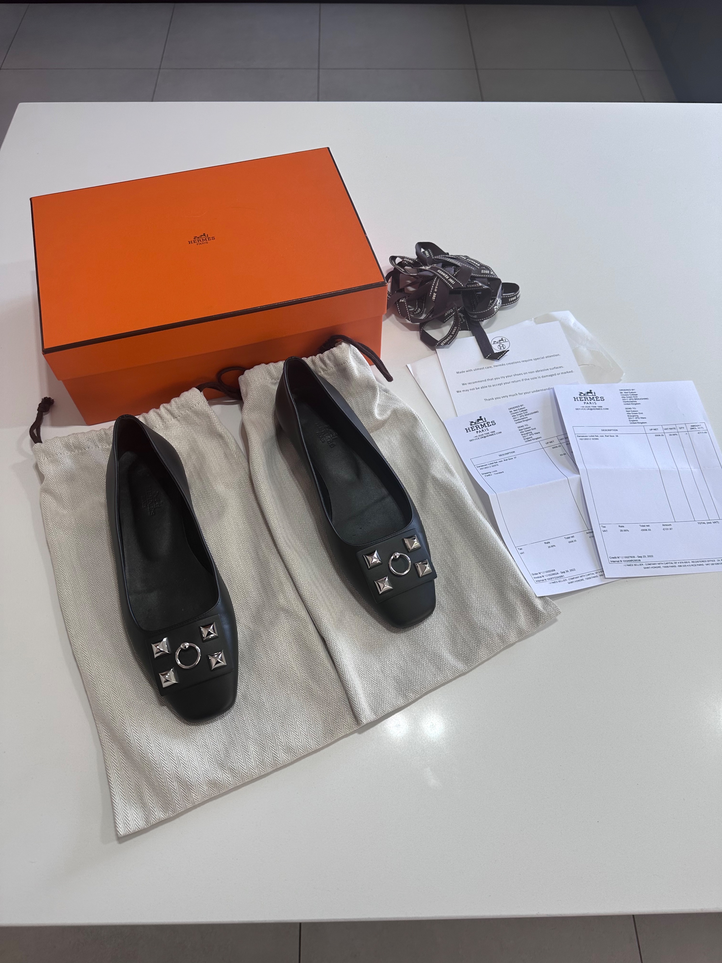 Preowned Hermes Black Danseuse Ballet Flats Size 37 leather