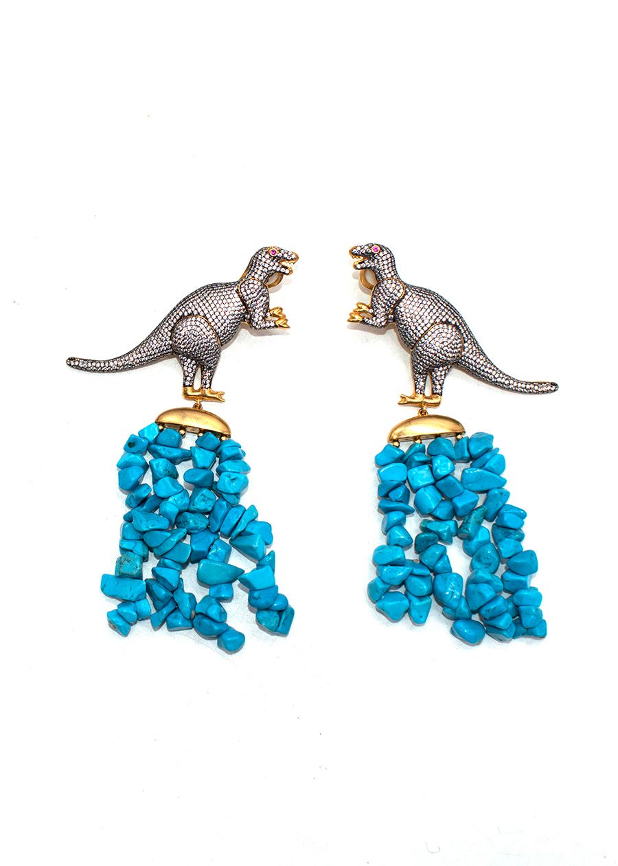 Begum Khan Dinosaur Blue Stones Clip On Earrings brass