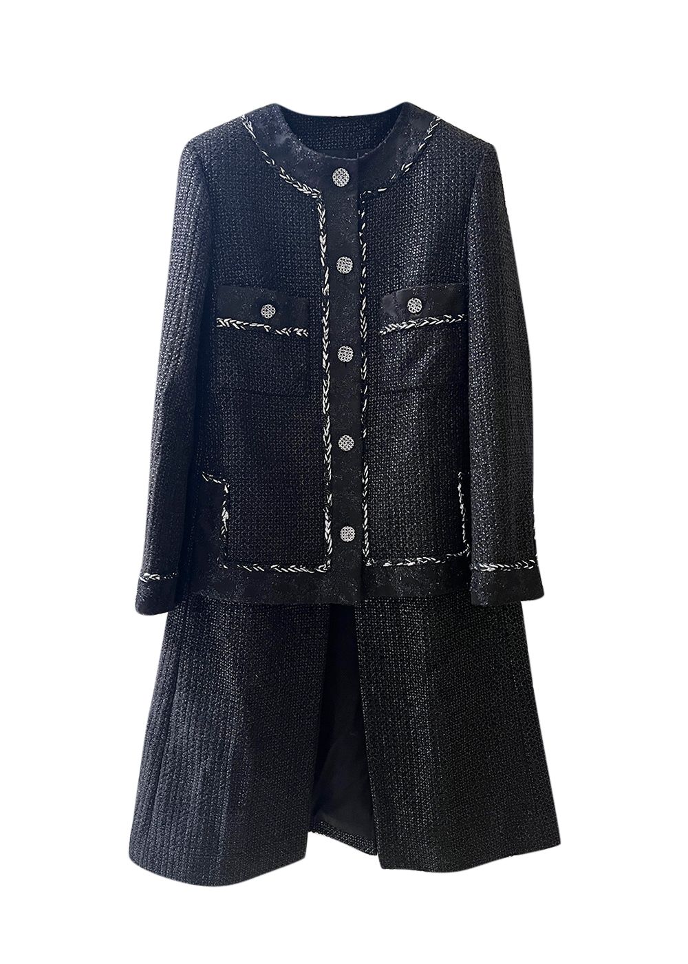 Chanel Black Metallic Longline Tweed Coat Size S