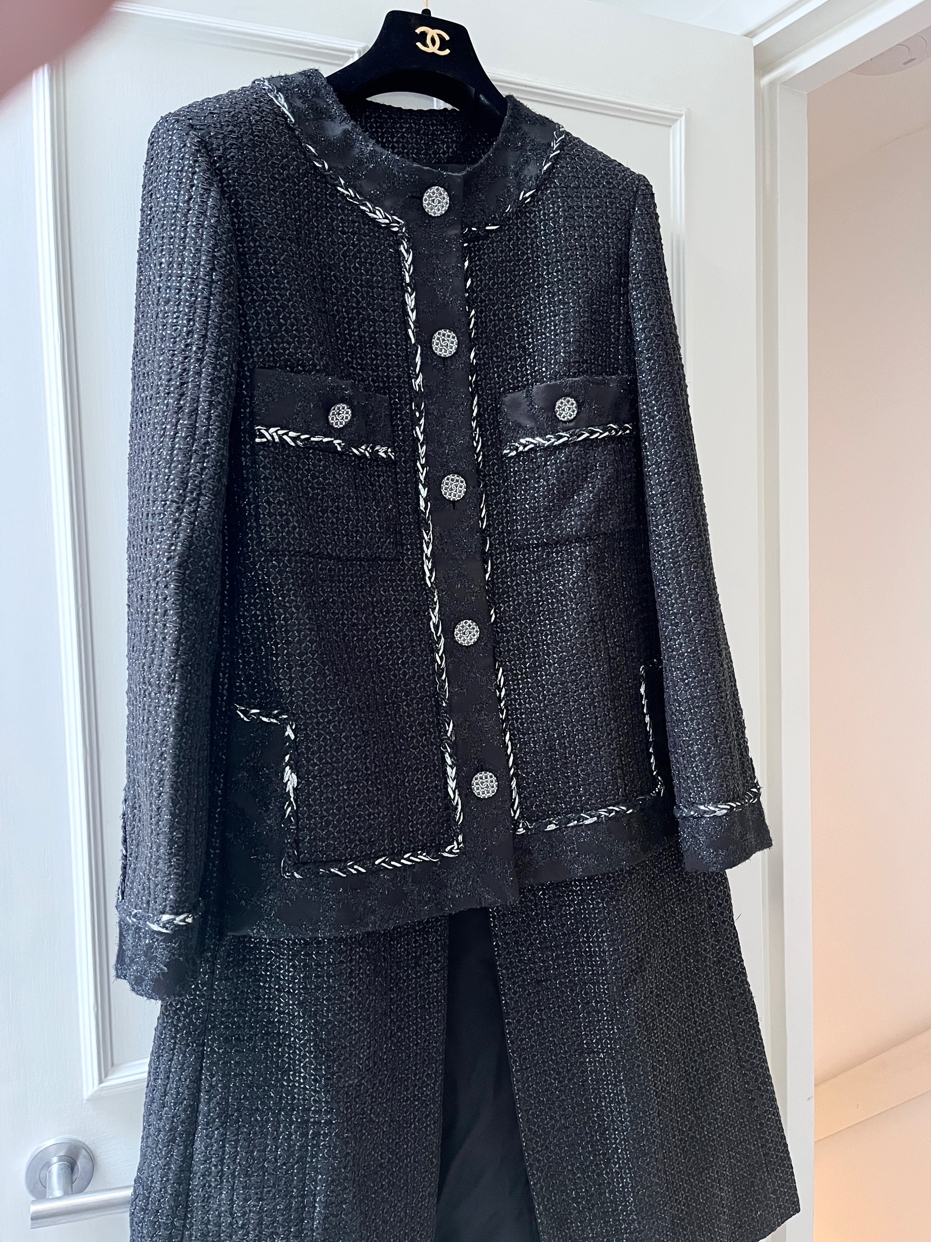 Chanel Black Metallic Longline Tweed Coat Size S