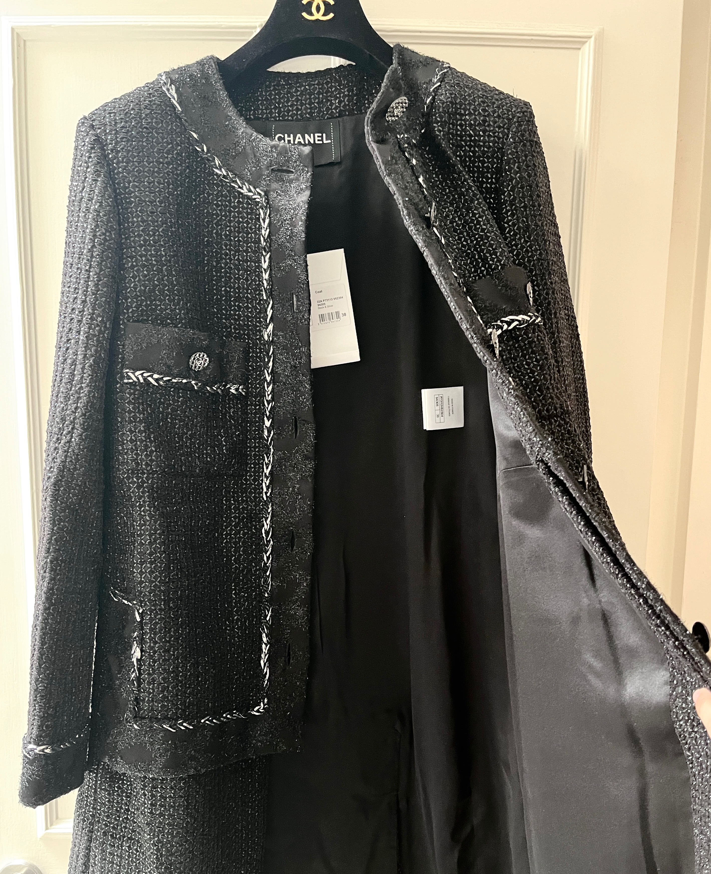 Chanel Black Metallic Longline Tweed Coat Size S