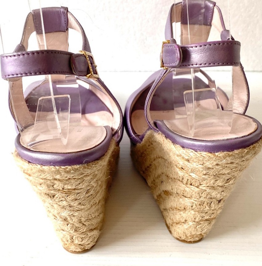 Preowned Versace Lilac Raffia Wedge Sandals Size 375 Purple leather