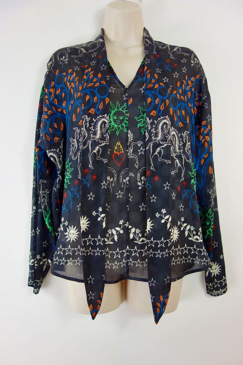 Preowned Sandro Black zodiac print crepe lavaliere blouse Size S polyester