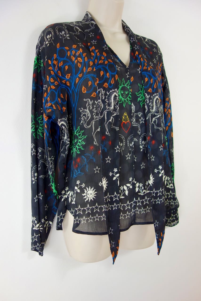 Preowned Sandro Black zodiac print crepe lavaliere blouse Size S polyester