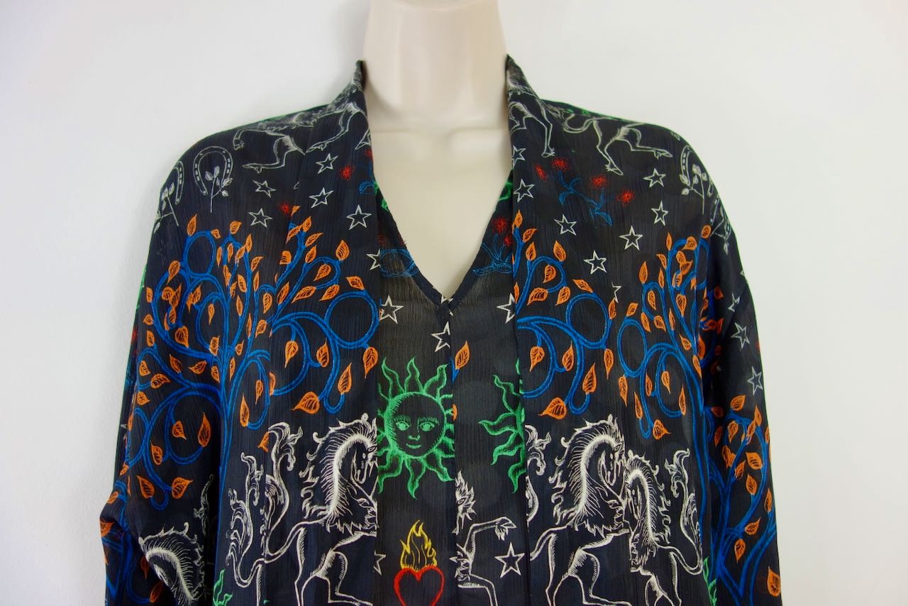 Preowned Sandro Black zodiac print crepe lavaliere blouse Size S polyester