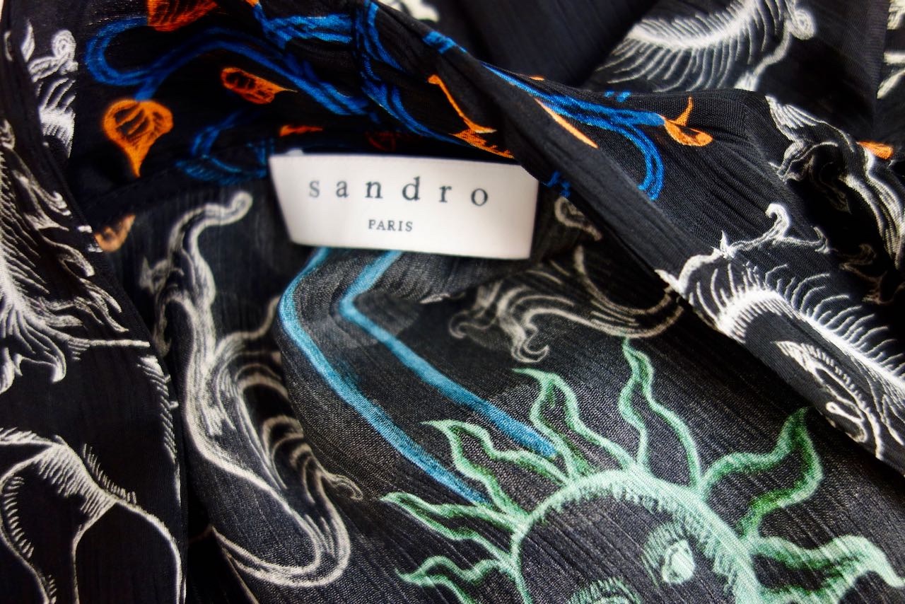 Preowned Sandro Black zodiac print crepe lavaliere blouse Size S polyester