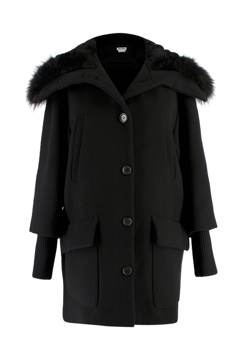 Miu Miu Black Fur Trimmed Virgin Wool Coat Size XXS virgin wool/racoon fur/sheep fur