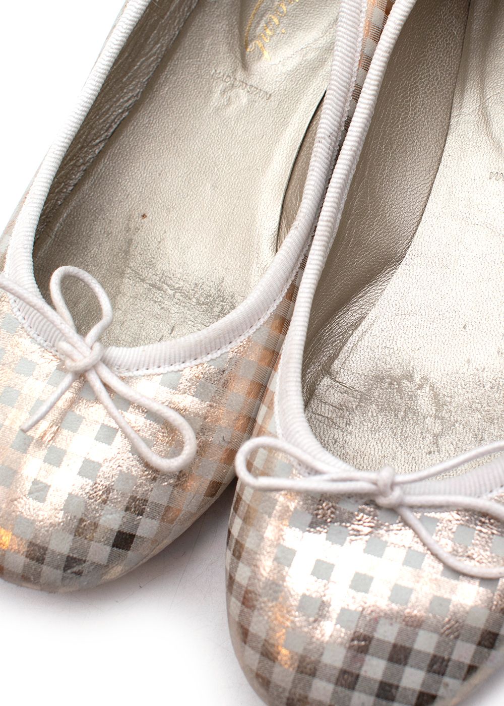 Boys Preowned Bonpoint Kids 34 plaid ballerinas Size 10 Years + Gold  Cream leather