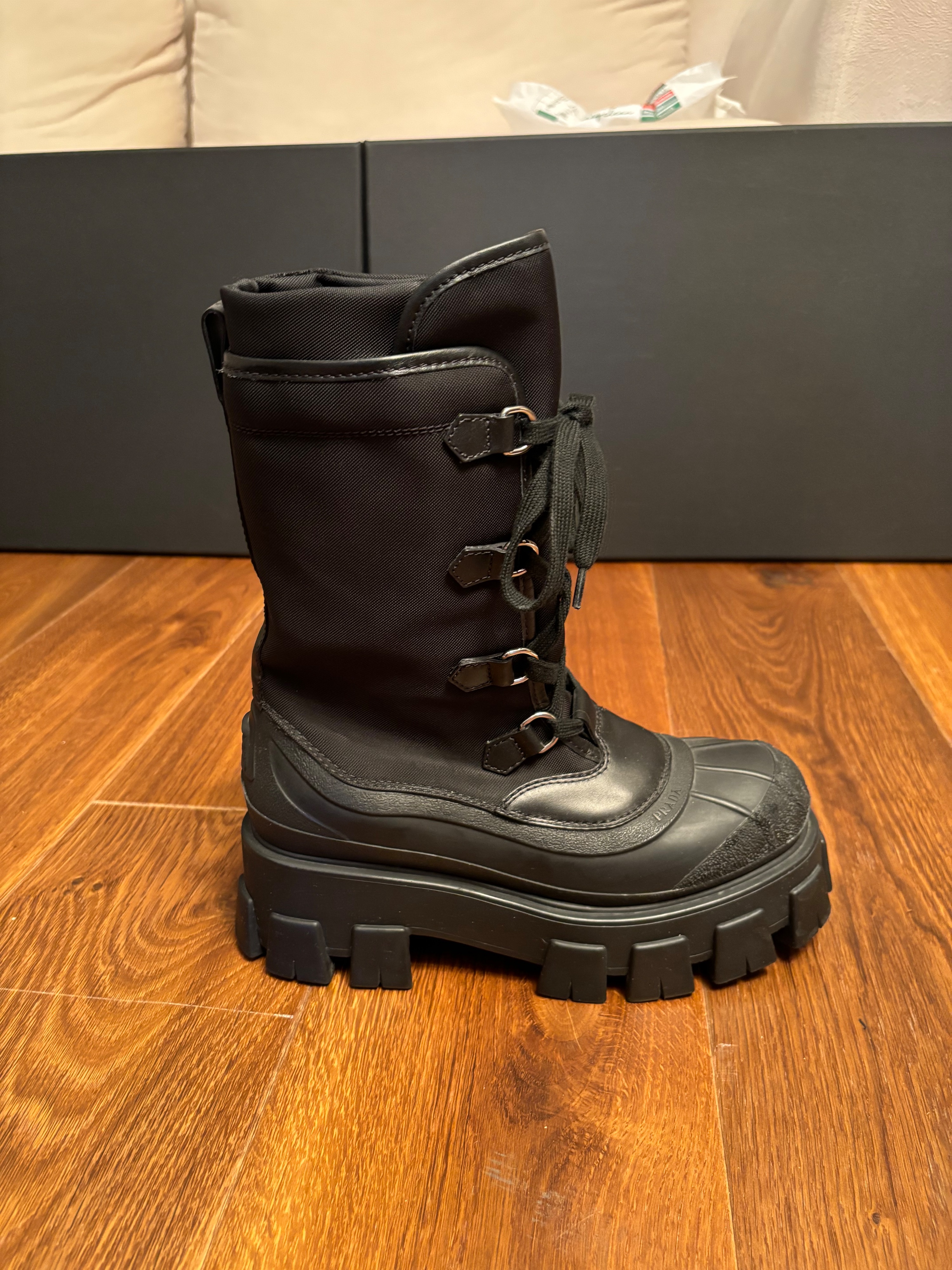 Prada Black Monolith Biker Boots Size 385 rubber