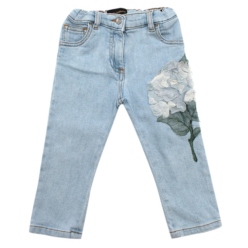 Preowned Dolce  Gabbana Girls Denim Flower Embroidered Jeans Size 12-18 Months Blue cotton