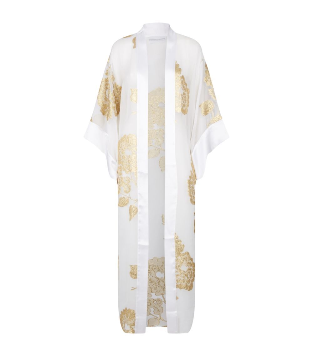 Marie France Van Damme Long Metallic Oriental Flower Kimono White/Gold silk