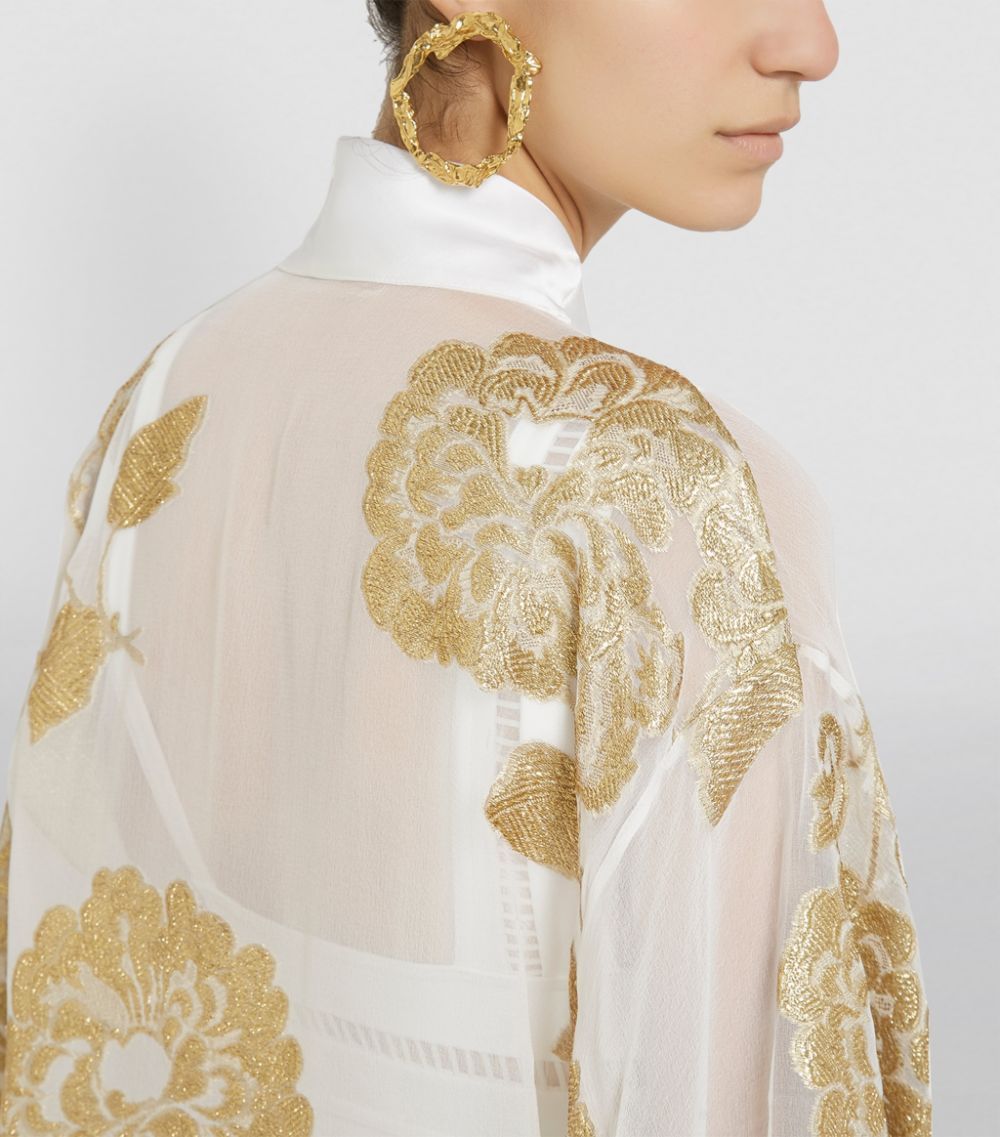 Marie France Van Damme Long Metallic Oriental Flower Kimono White/Gold silk