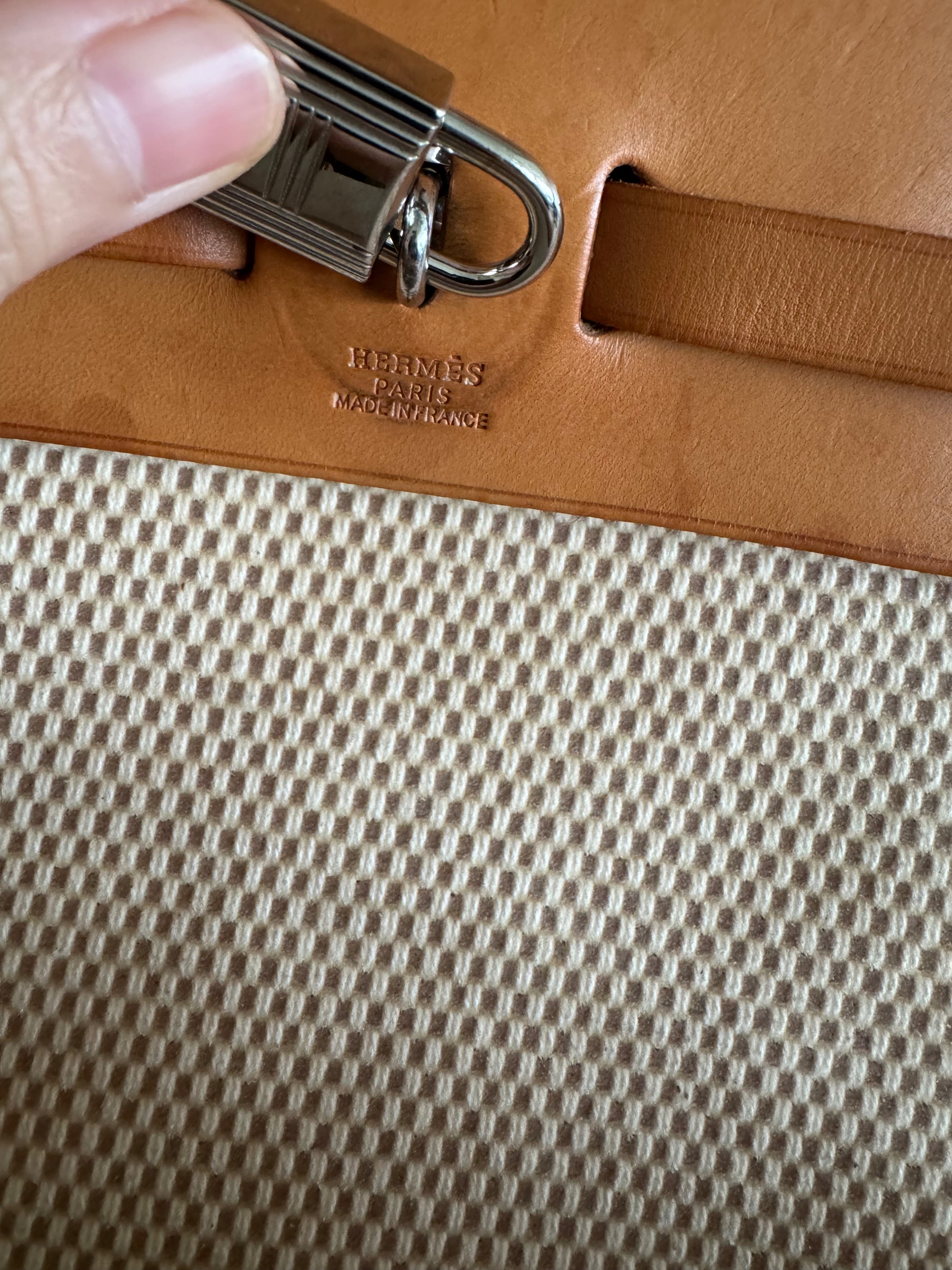 Preowned Hermes Herbag 31 in Toile Canvas and Box Calf Leather Size S Beige and Tan leather cloth/leather