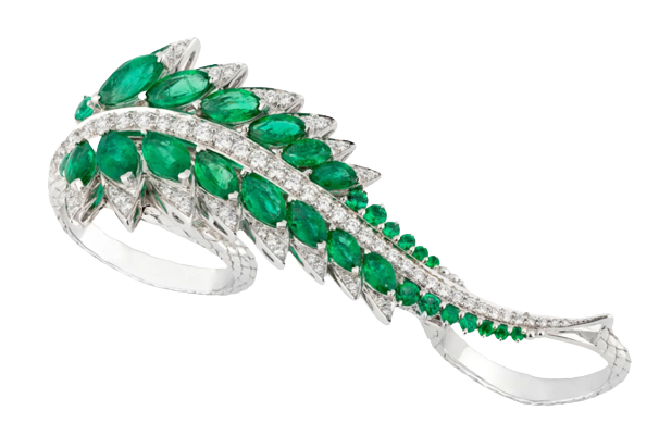 Stephen Webster Emerald Plumage Side Sweep Ring Size M green white gold/diamonds/emeralds