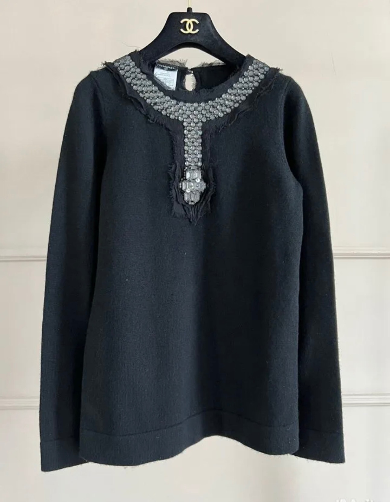 Preowned Chanel Black Cashmere Jumper with Jewel Detail Size M