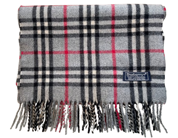 Burberry Grey Nova Check Wool Scarf Size L Pale grey, red  black lambswool