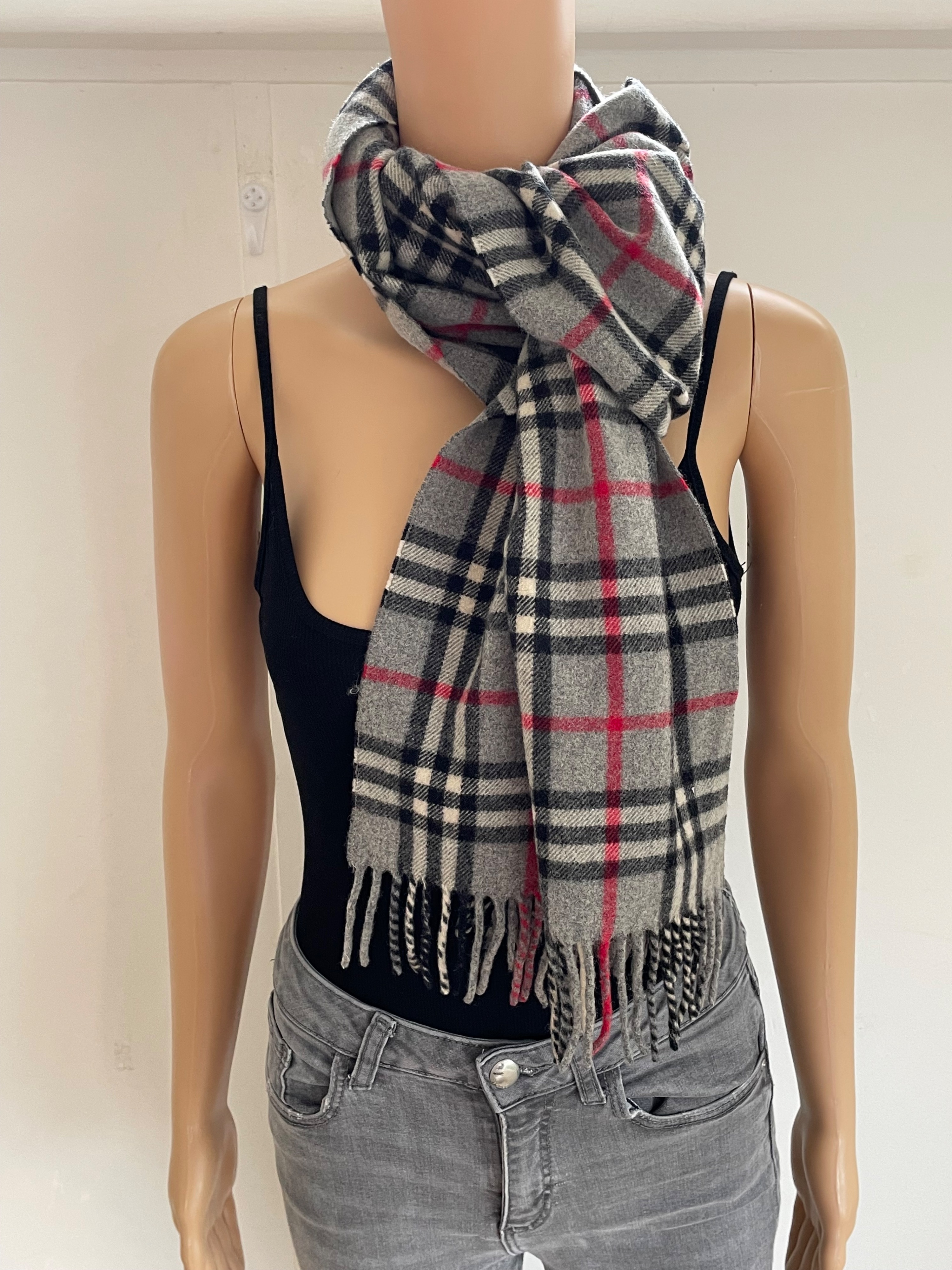 Burberry Grey Nova Check Wool Scarf Size L Pale grey, red  black lambswool