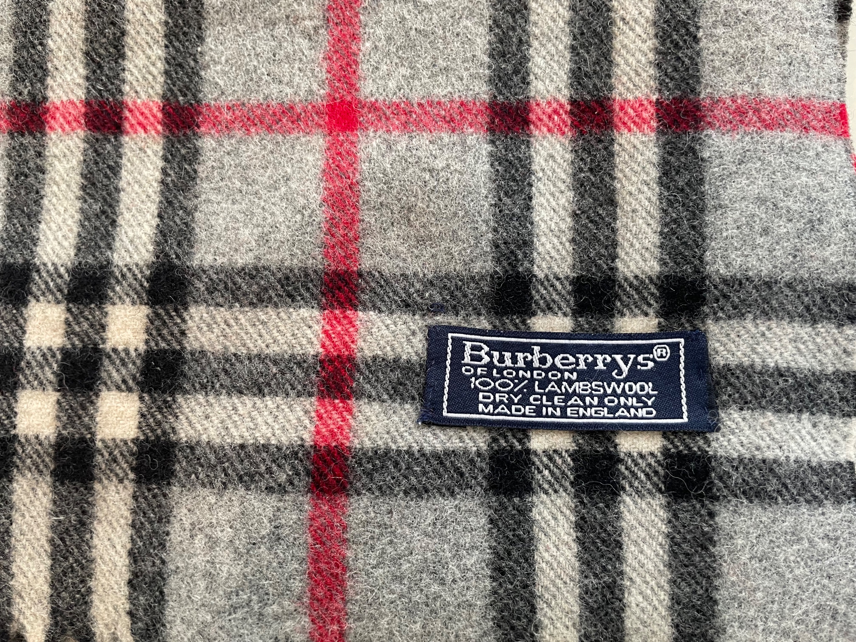 Burberry Grey Nova Check Wool Scarf Size L Pale grey, red  black lambswool