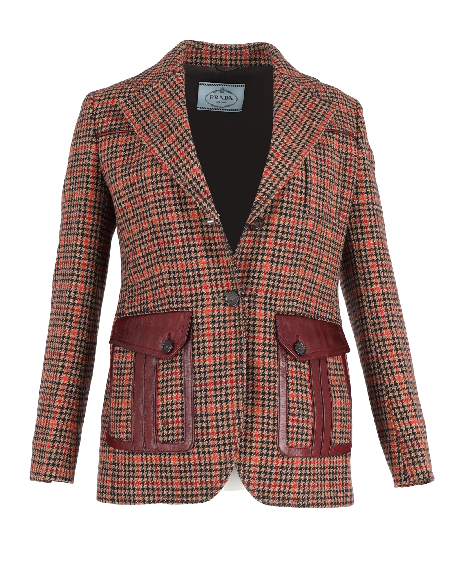 Preowned Prada Brown Leather-Trimmed Houndstooth Blazer Size 42 wool/hair