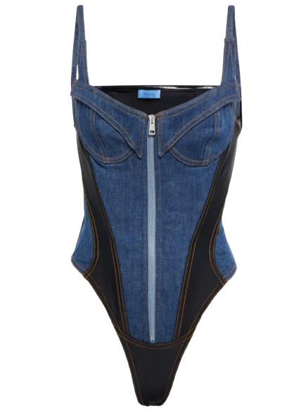 Mugler Denim Corset Style Bodysuit Size S Blue cotton