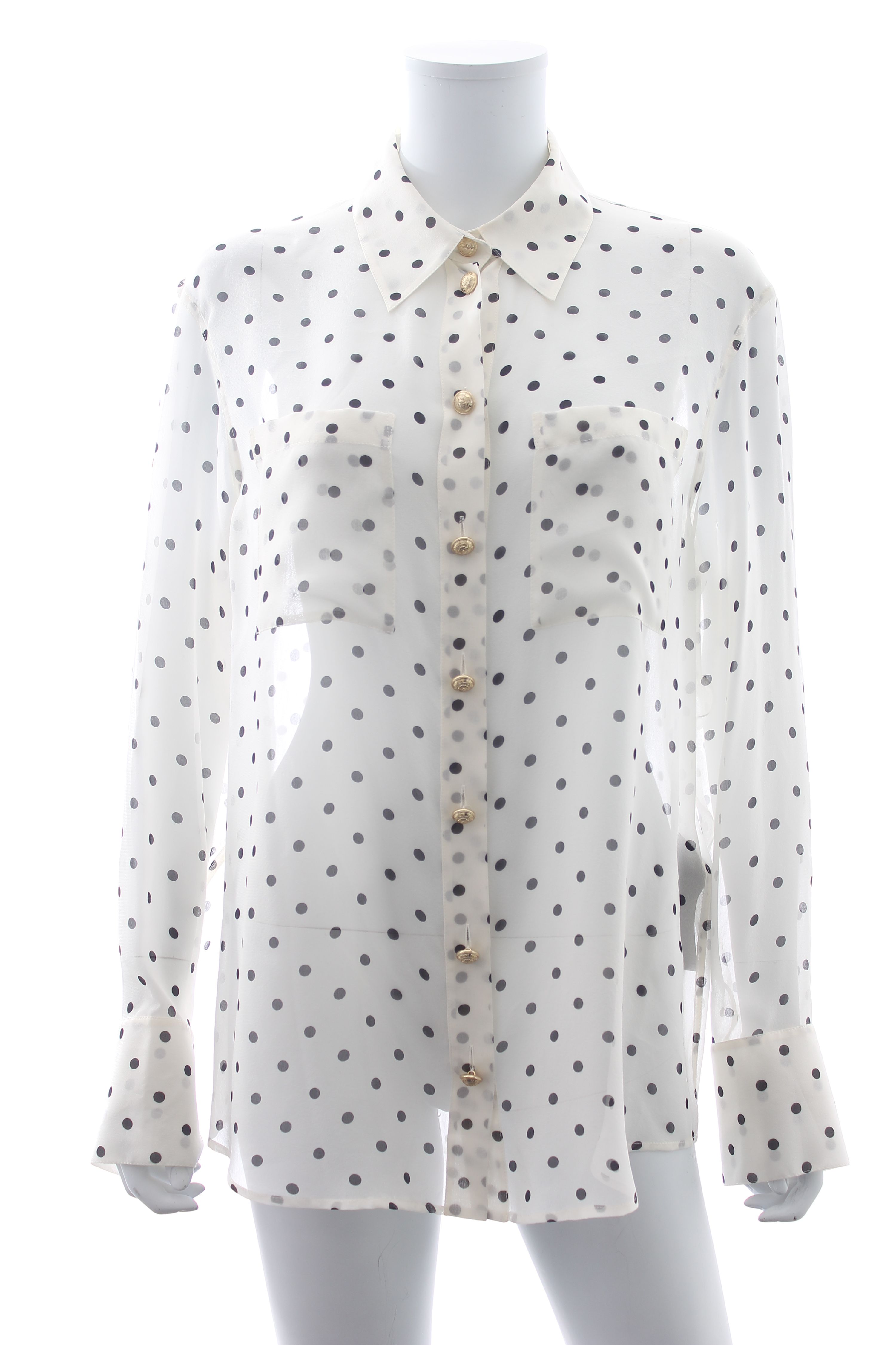 Preowned Balmain Polka Dot Printed White Silk Shirt Size M