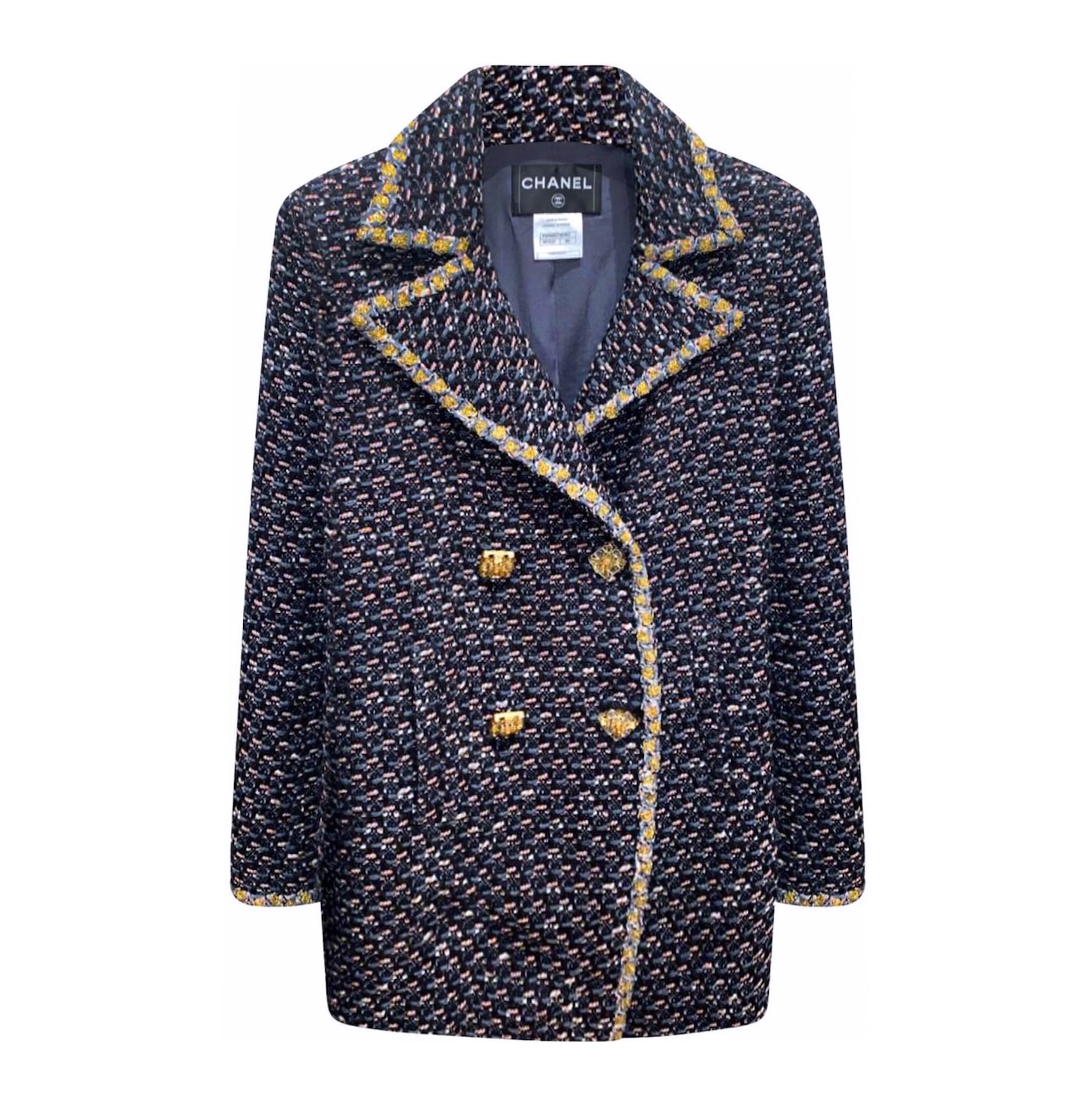 Preowned Chanel Navy Tweed Double Breasted Coat Size M blue