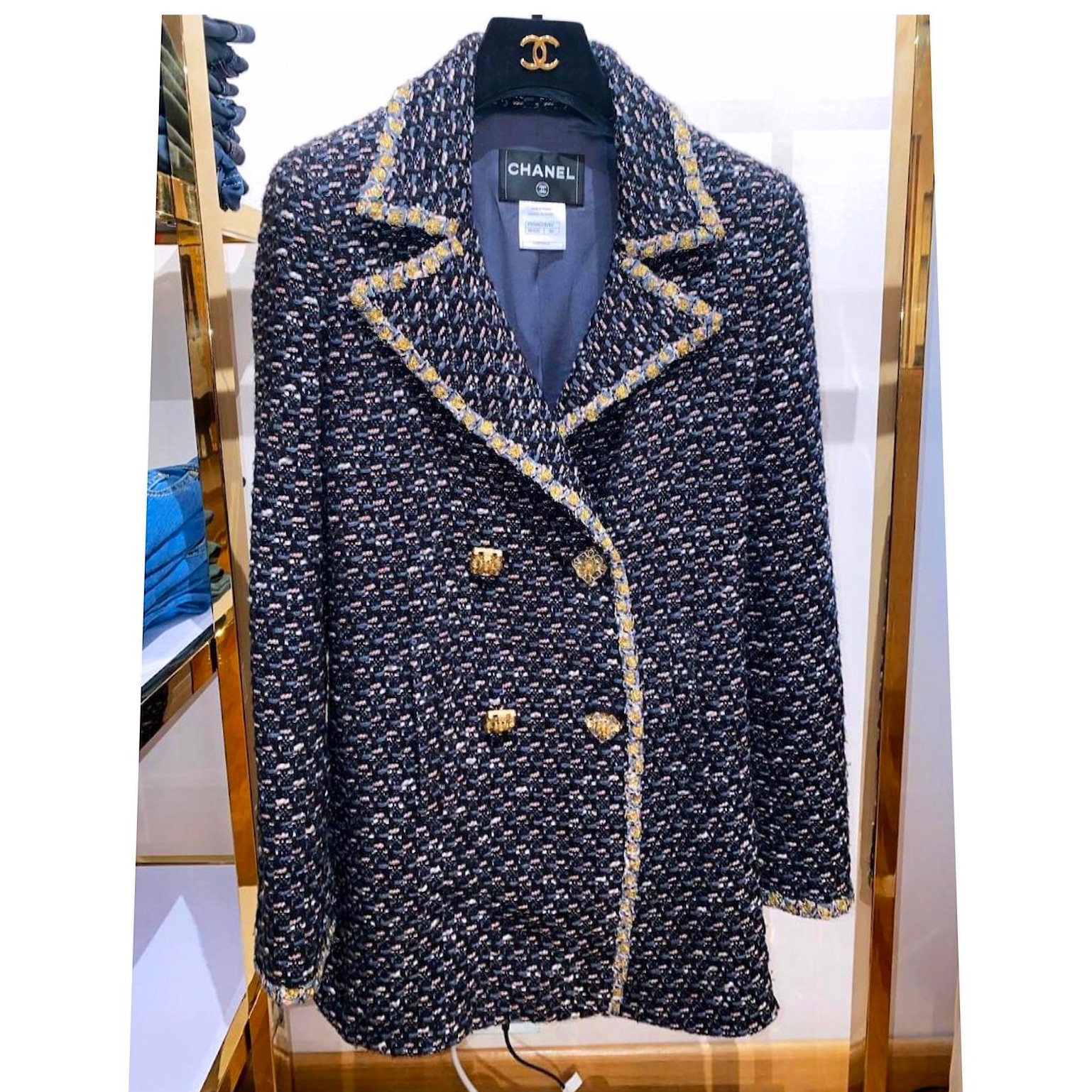 Preowned Chanel Navy Tweed Double Breasted Coat Size M blue