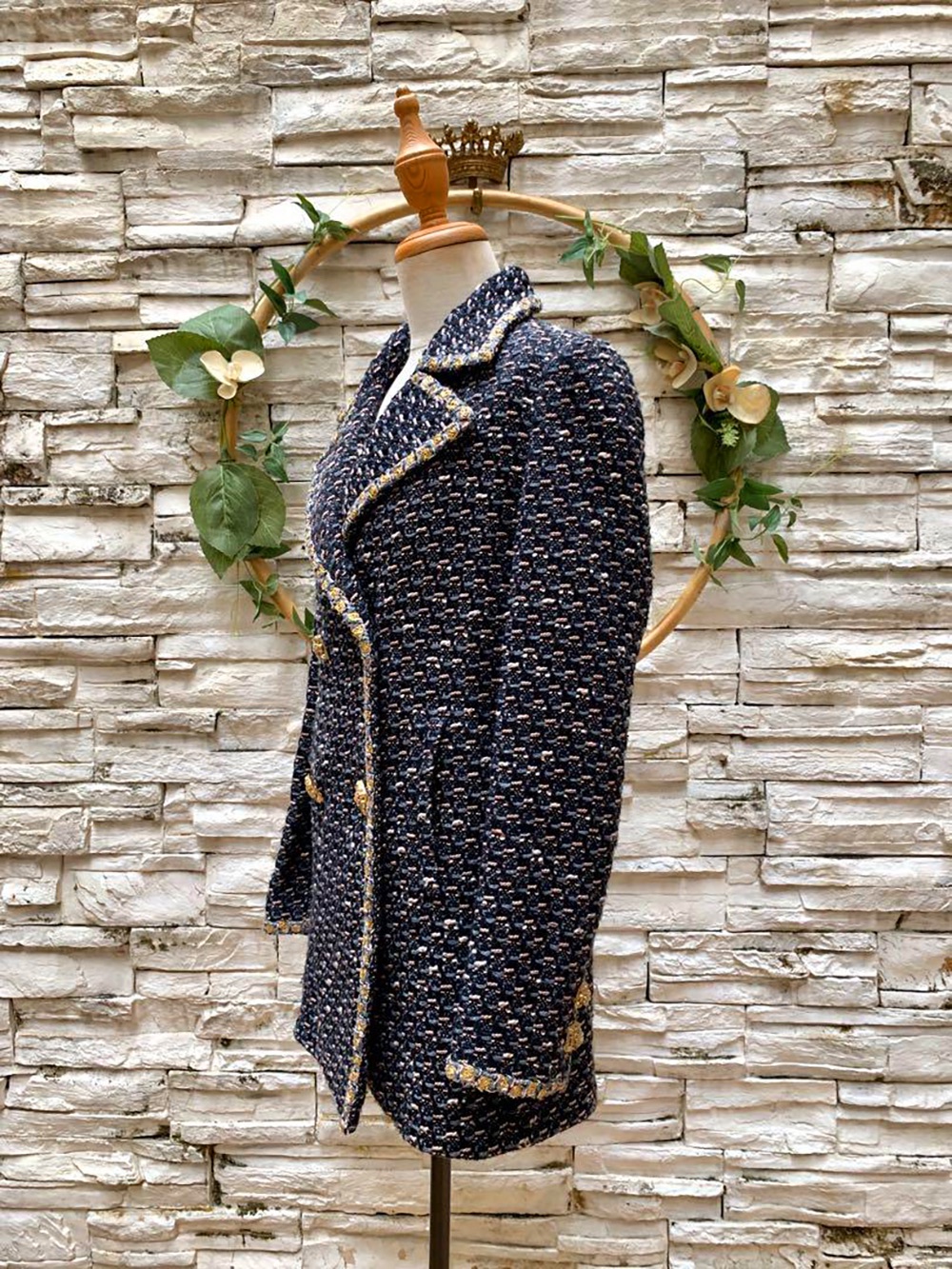 Preowned Chanel Navy Tweed Double Breasted Coat Size M blue