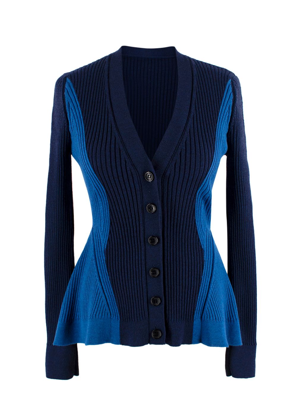 Alexander McQueen Blue Ribbed Knit Peplum Cardigan Size XS Navy and blue wool