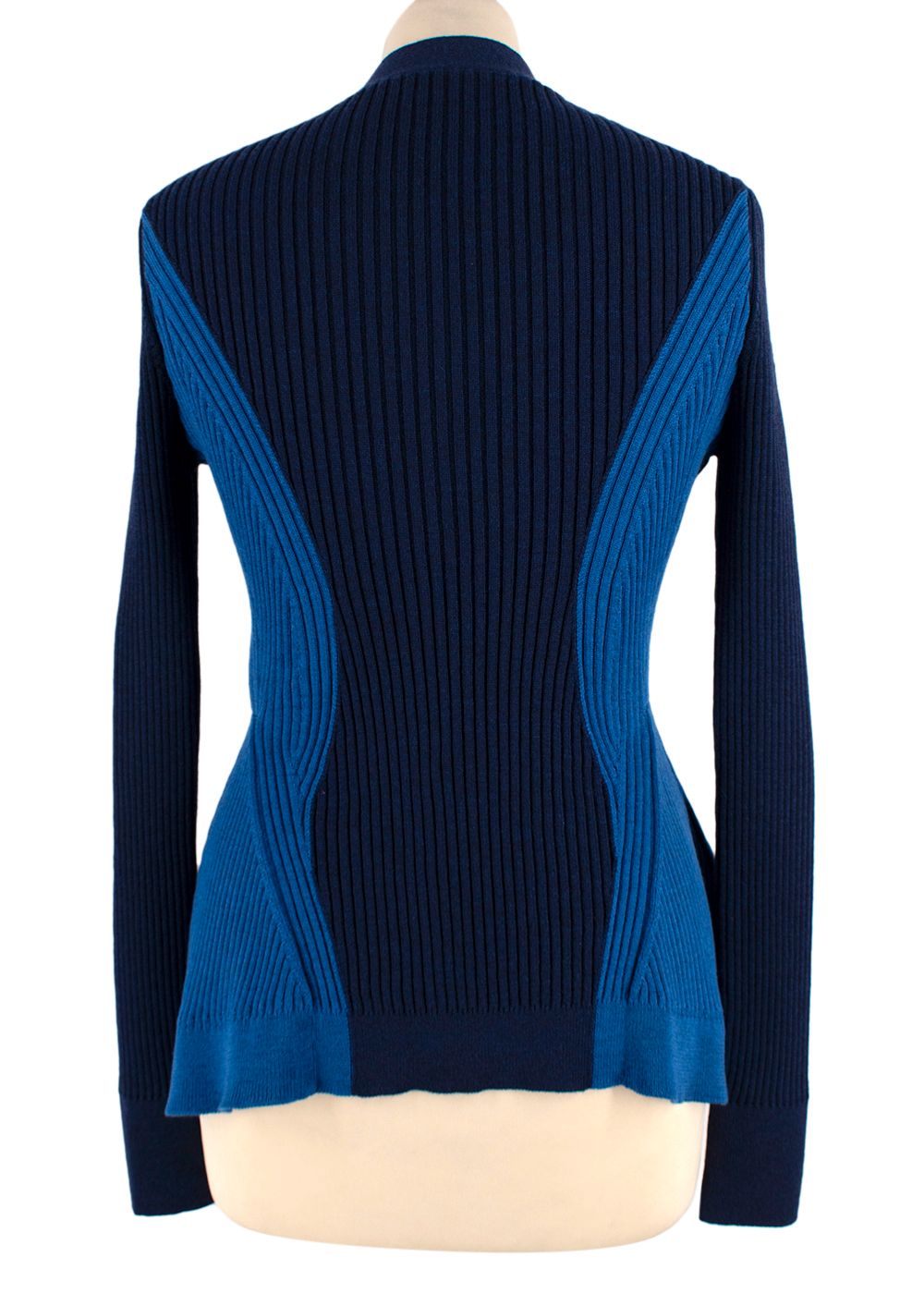 Alexander McQueen Blue Ribbed Knit Peplum Cardigan Size XS Navy and blue wool