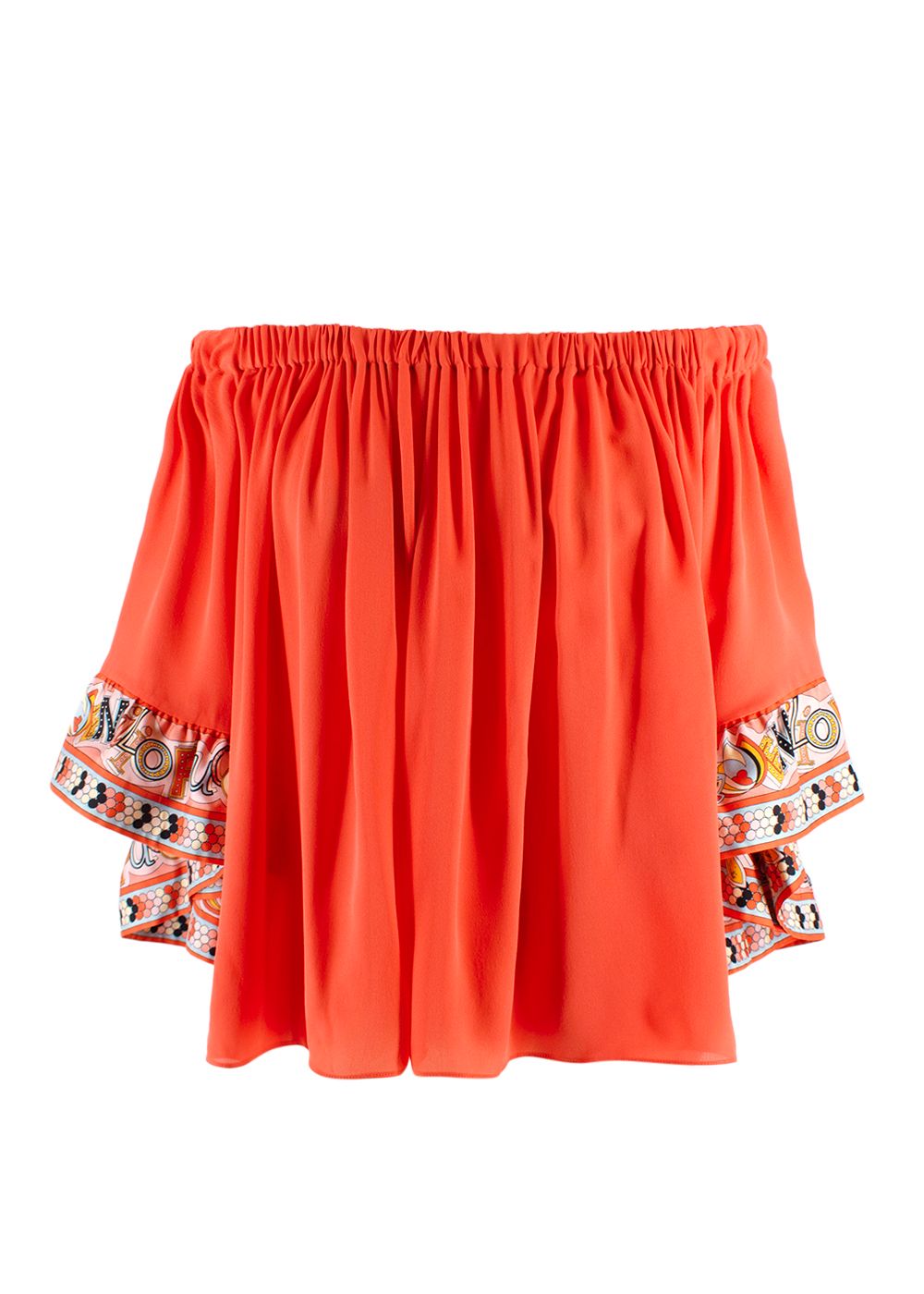 Emilio Pucci Printed-trim Off-shoulder Coral Blouse Size XS Orange silk