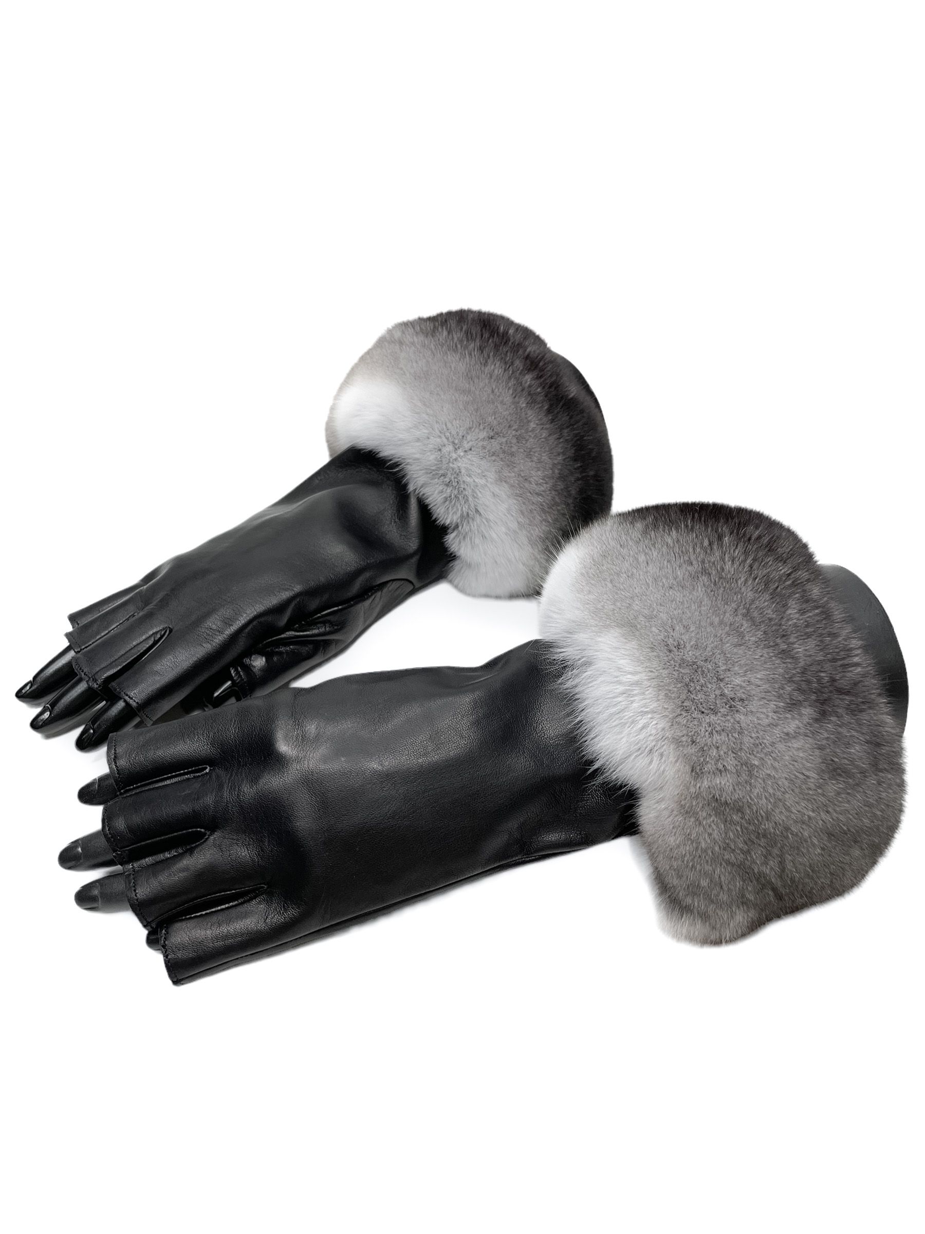 FurbySD Chinchilla Fur Trim Nappa Leather Gloves Size M Black, Grey