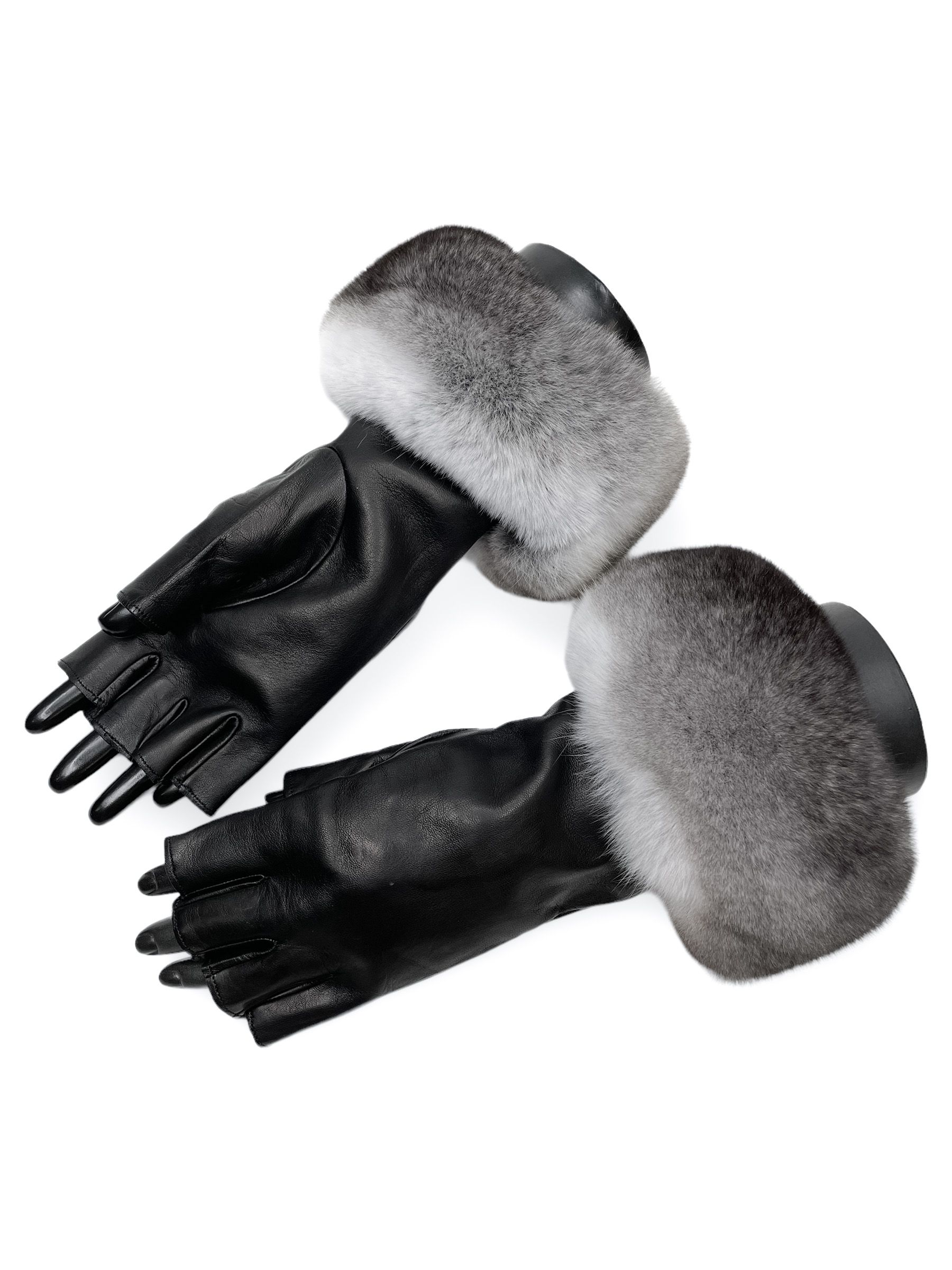 FurbySD Chinchilla Fur Trim Nappa Leather Gloves Size M Black, Grey