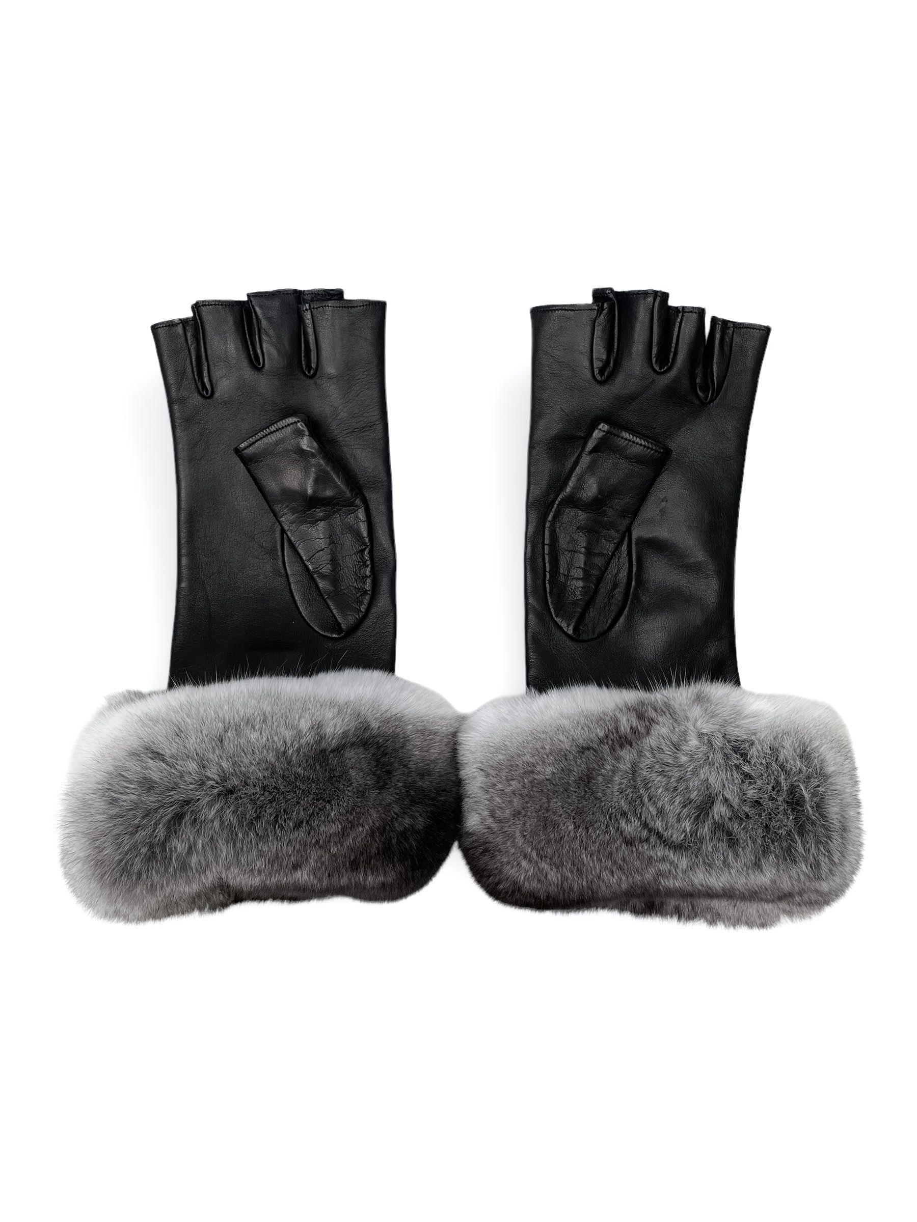 FurbySD Chinchilla Fur Trim Nappa Leather Gloves Size M Black, Grey