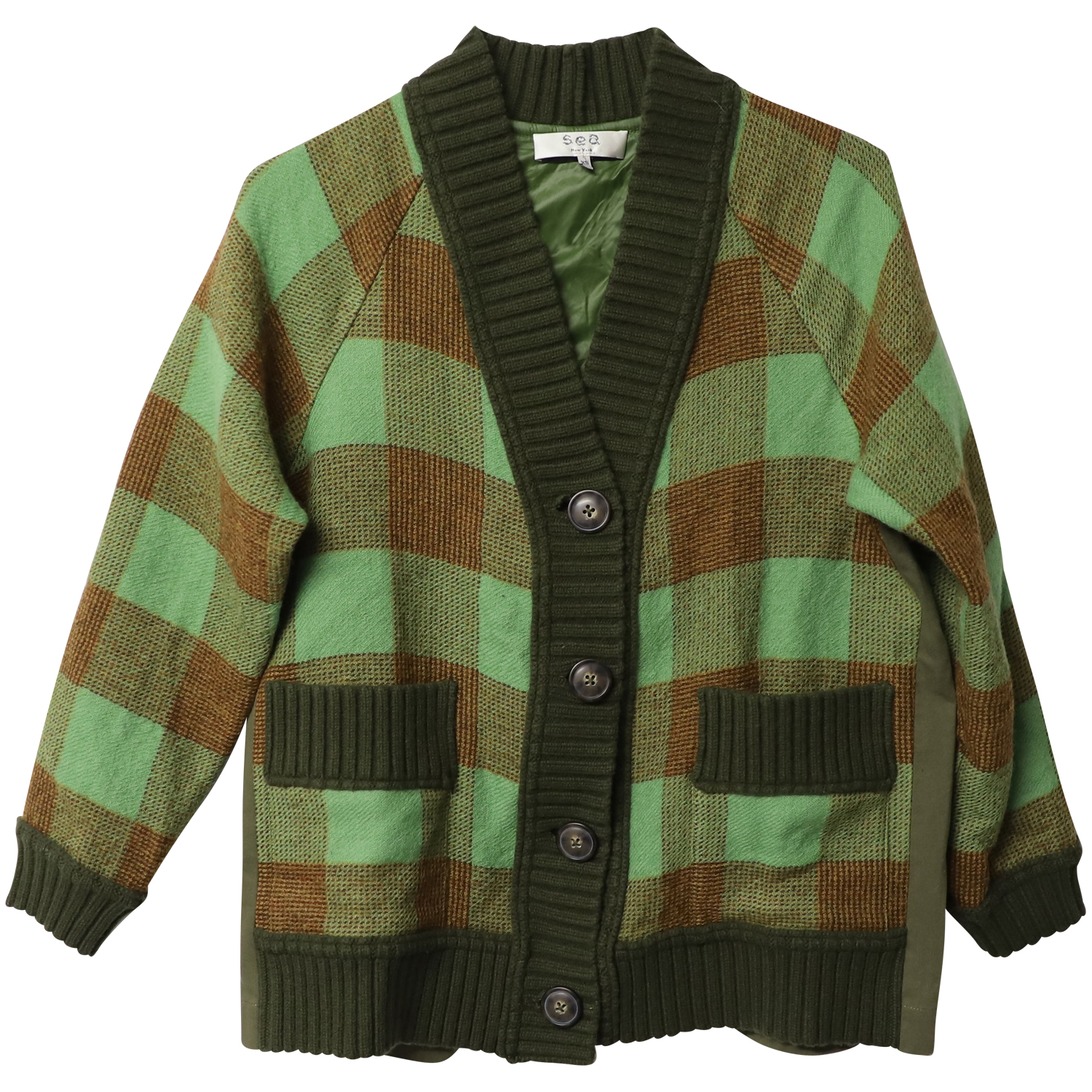 Preowned Sea New York Green Plaid Wool Cardigan Size XS multicolor print wool/hair/lana vergine