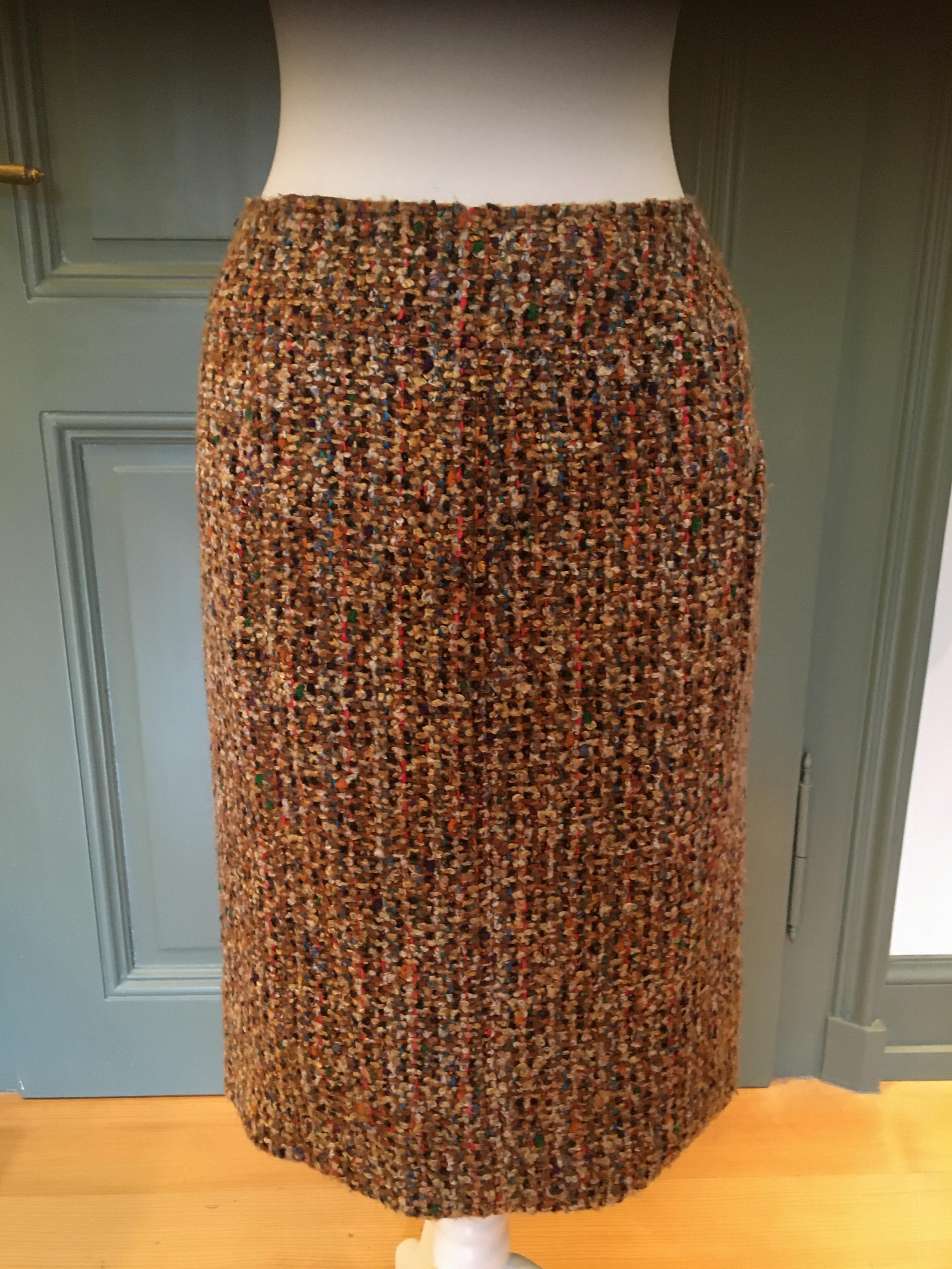 Preowned Chanel Multicoloured Boucle Tweed Skirt Size XS Tan/Brown