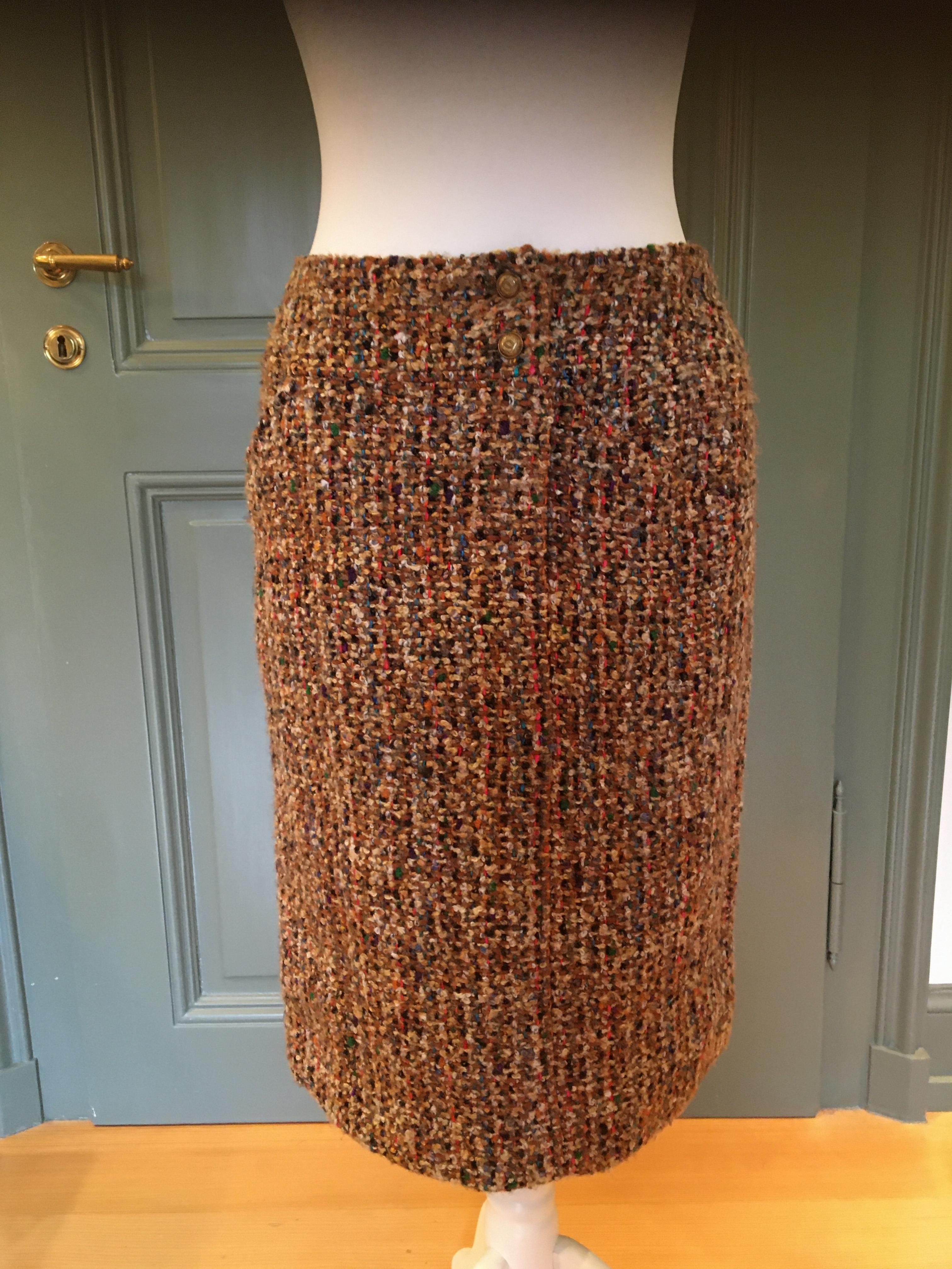 Preowned Chanel Multicoloured Boucle Tweed Skirt Size XS Tan/Brown