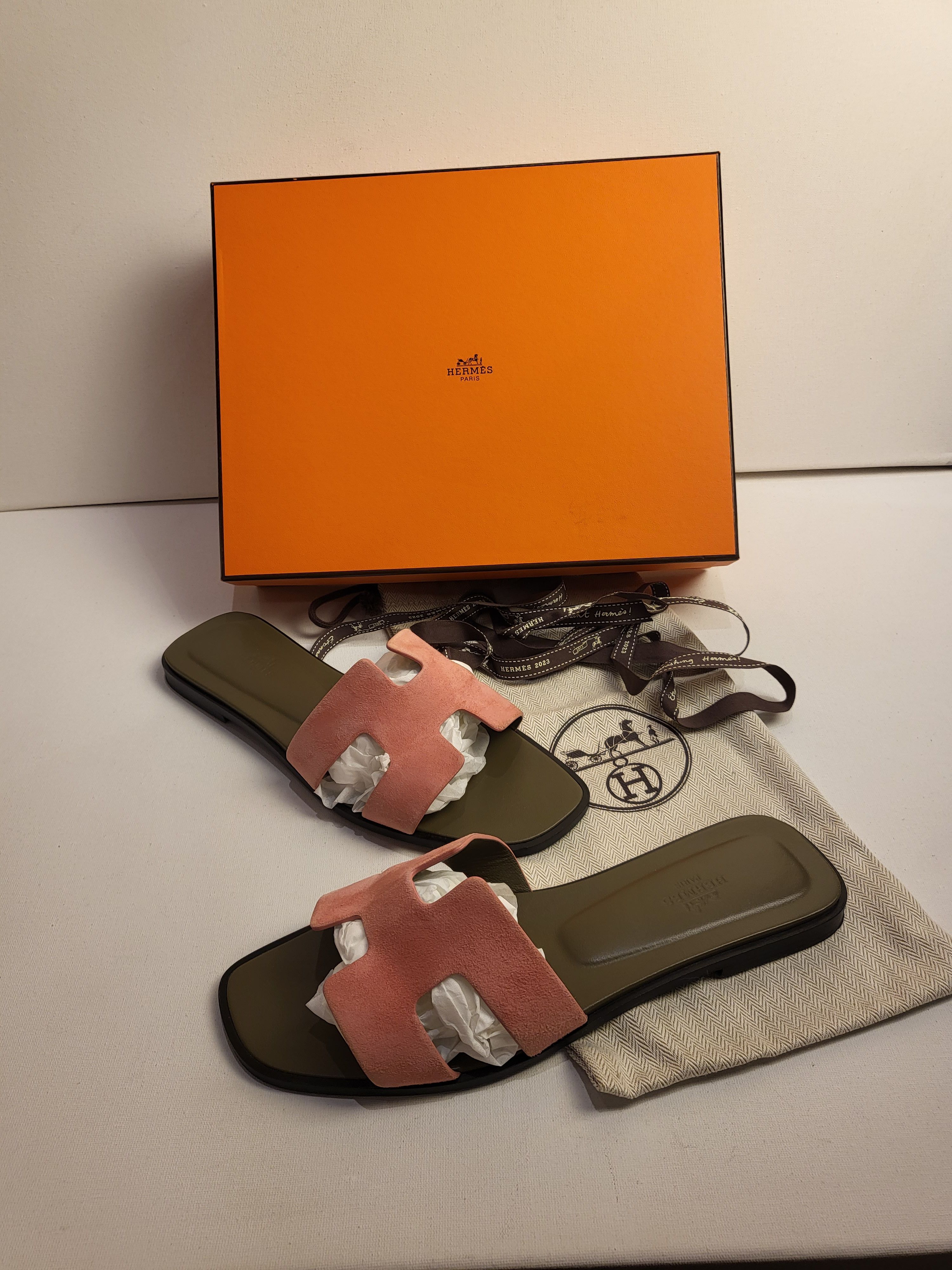 Preowned Hermes Sold Out Rose Du Désert Suede Oran Sandals Size 39 Multi leather/suede