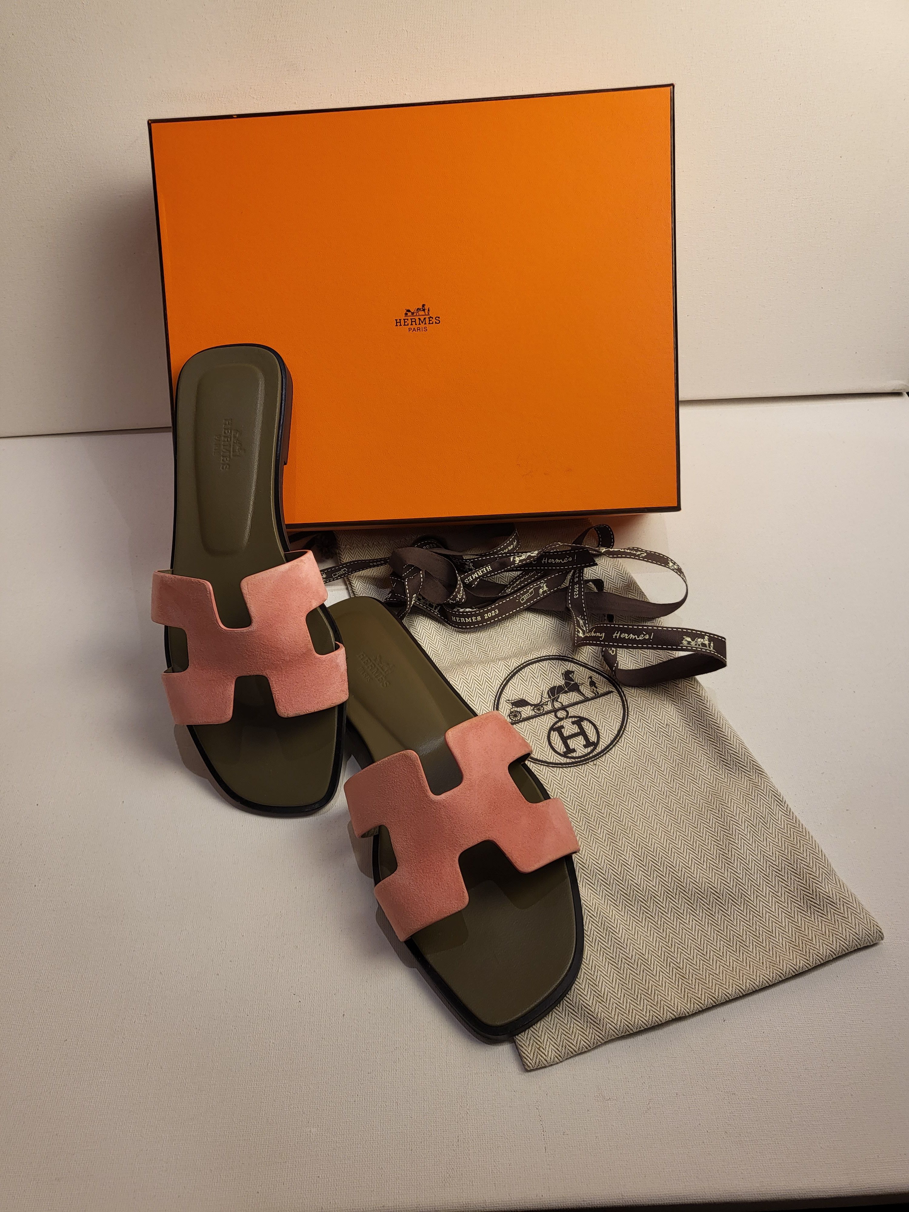 Preowned Hermes Sold Out Rose Du Désert Suede Oran Sandals Size 39 Multi leather/suede