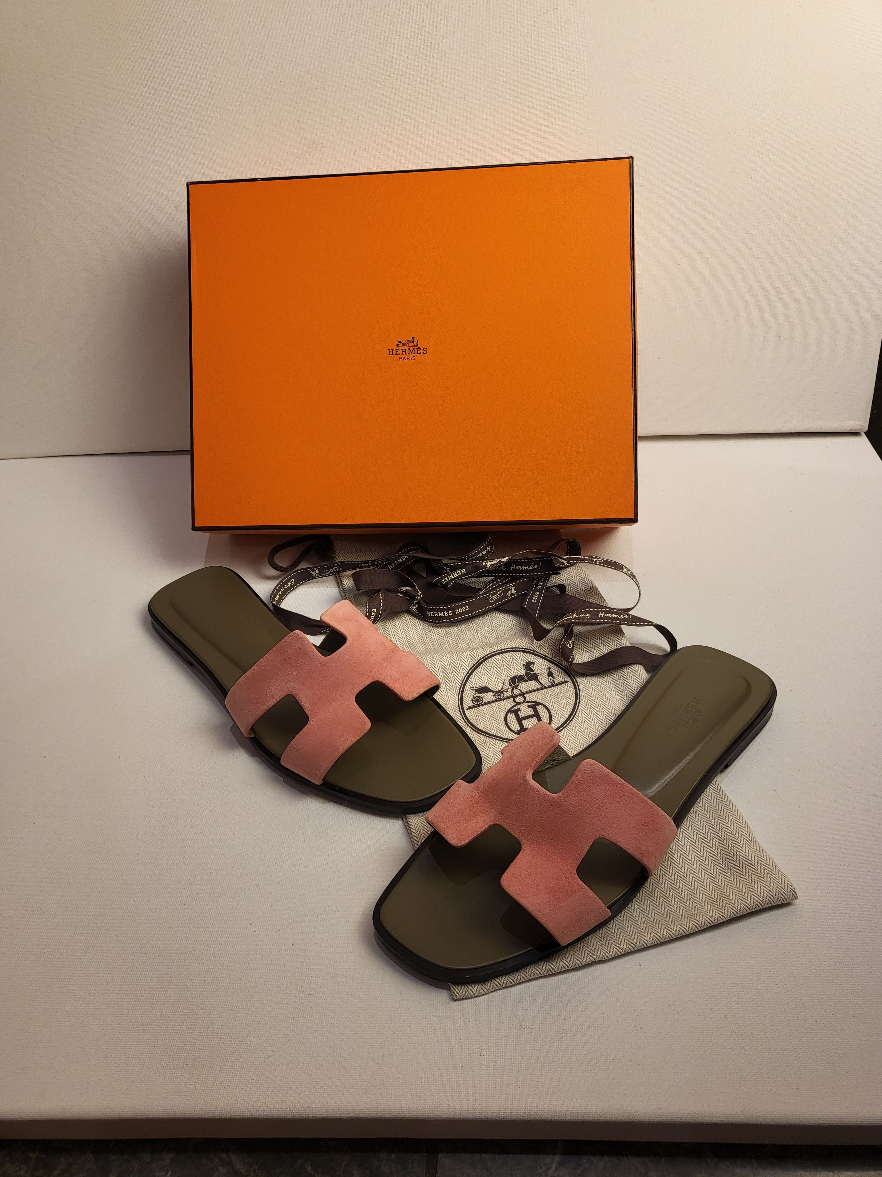 Preowned Hermes Sold Out Rose Du Désert Suede Oran Sandals Size 39 Multi leather/suede