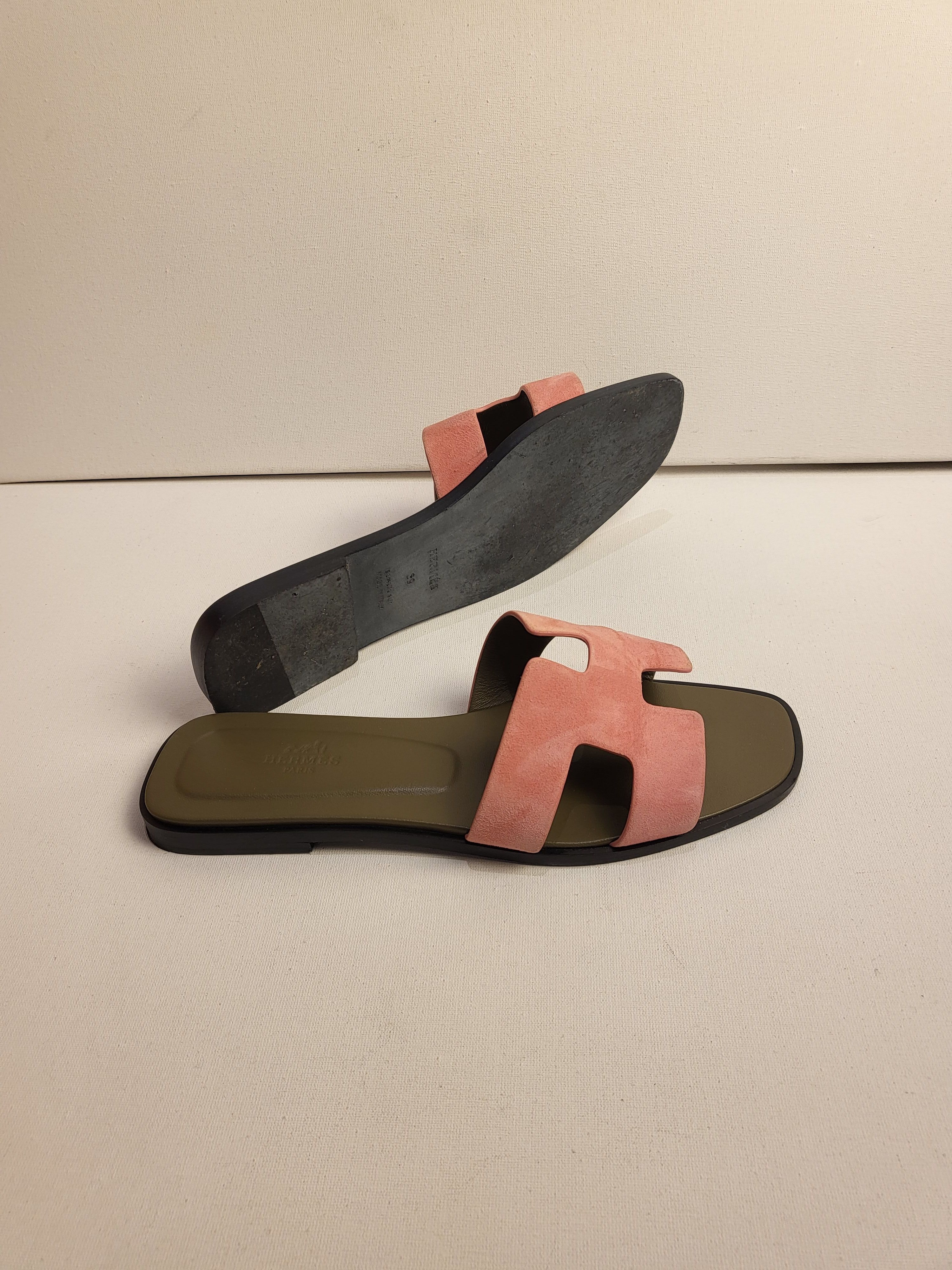 Preowned Hermes Sold Out Rose Du Désert Suede Oran Sandals Size 39 Multi leather/suede