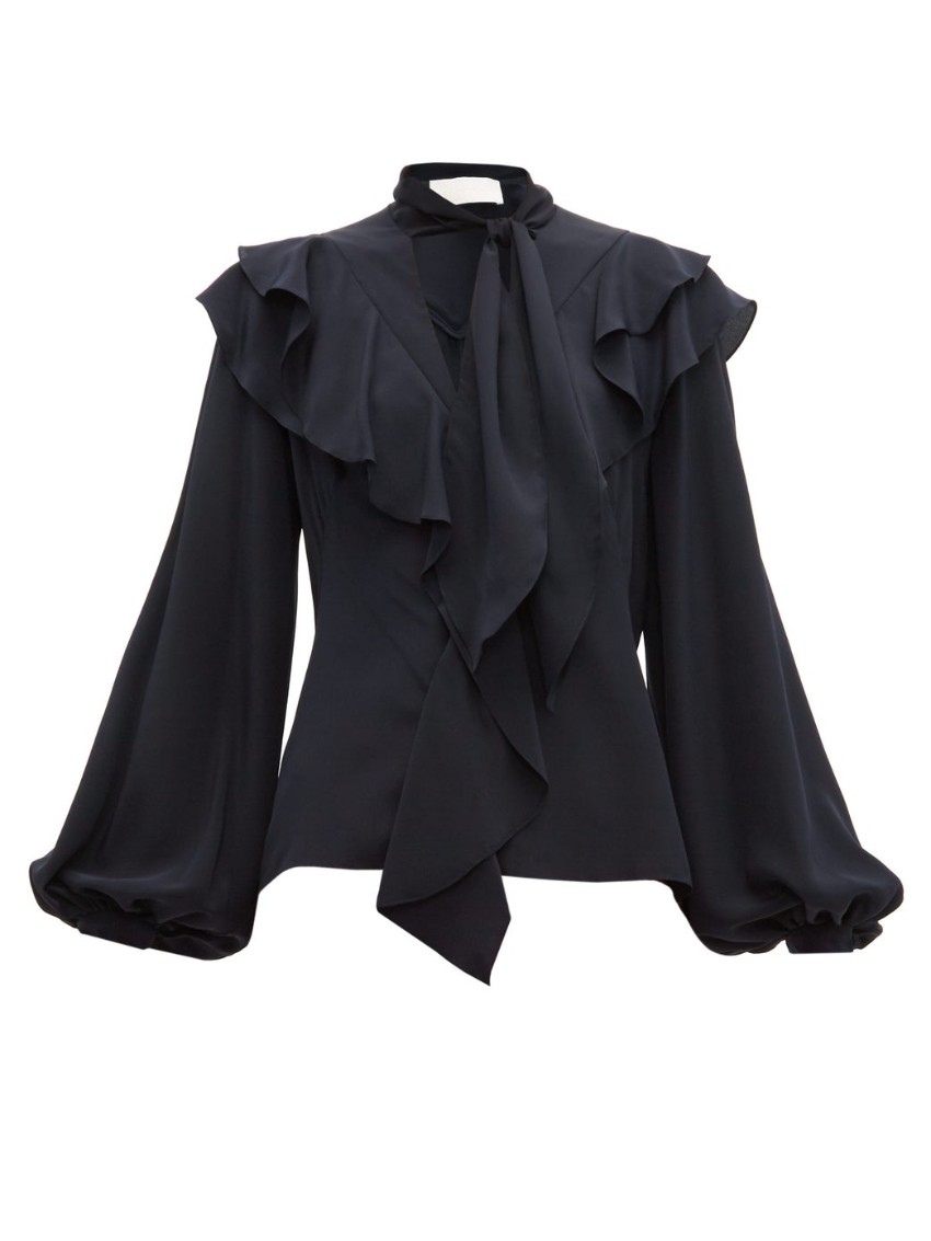 Preowned Peter Pilotto Black Ruffled Pussy Bow Blouse Size XXS Blue silk