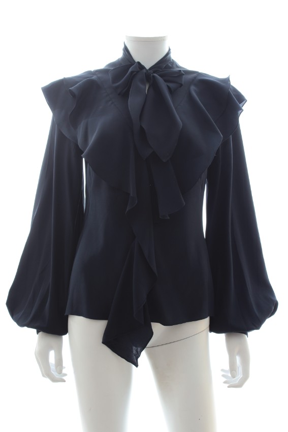 Preowned Peter Pilotto Black Ruffled Pussy Bow Blouse Size XXS Blue silk