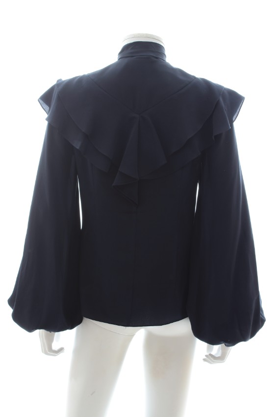 Preowned Peter Pilotto Black Ruffled Pussy Bow Blouse Size XXS Blue silk