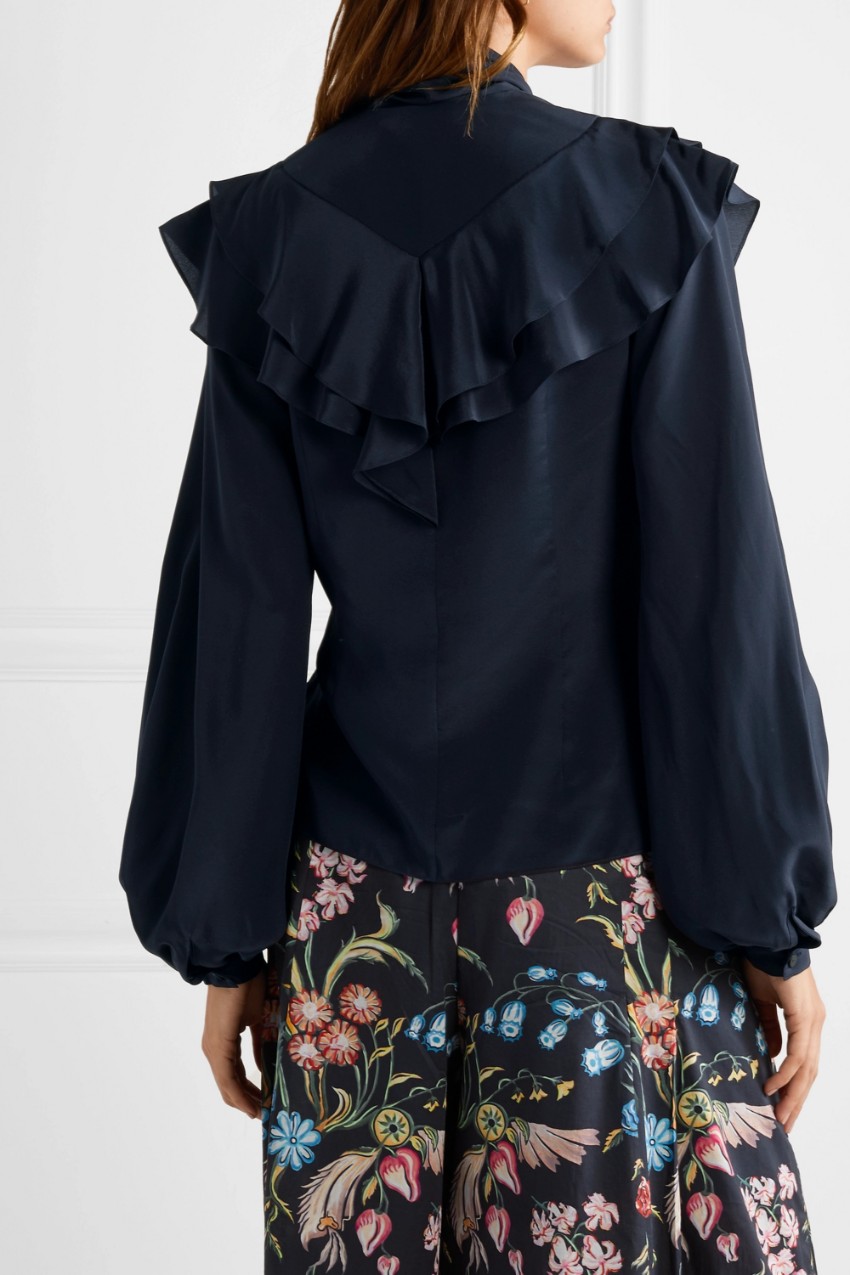 Preowned Peter Pilotto Black Ruffled Pussy Bow Blouse Size XXS Blue silk